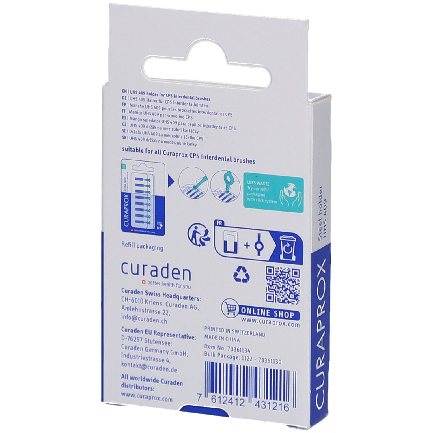 Rückseite der Verpackung. Text in mehreren Sprachen. Marke CURAPROX. Informationen zu Refill-Verpackung und Online-Shop.