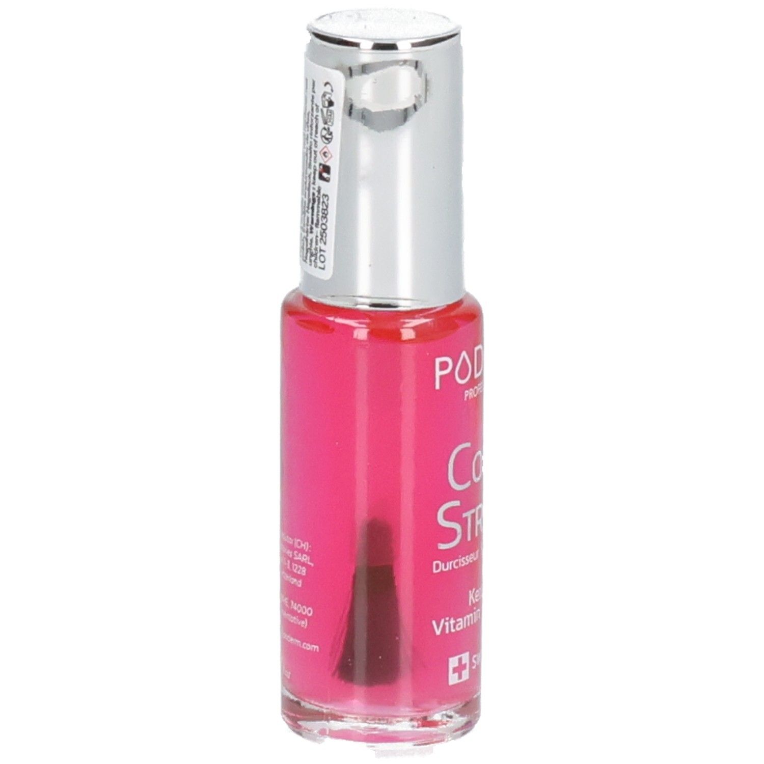 Nagelhärter-Flasche mit silbernem Deckel. Sichtbar: Pinsel. Aufschrift: PODERM Color Strong. Enthält Keratin, Vitamin, Silicium.