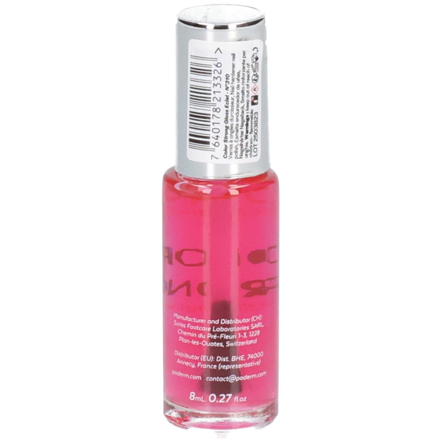 Rückseite der Nagelhärter-Flasche. Enthält Informationen. Aufschrift: 8 ml, 0.27 fl oz. Hersteller- und Vertriebsinformationen.