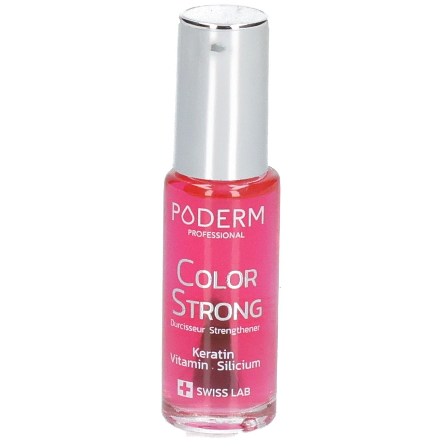 Nagelhärter-Flasche mit silbernem Deckel. Aufschrift: PODERM Color Strong. Enthält Keratin, Vitamin, Silicium. Swiss Lab.