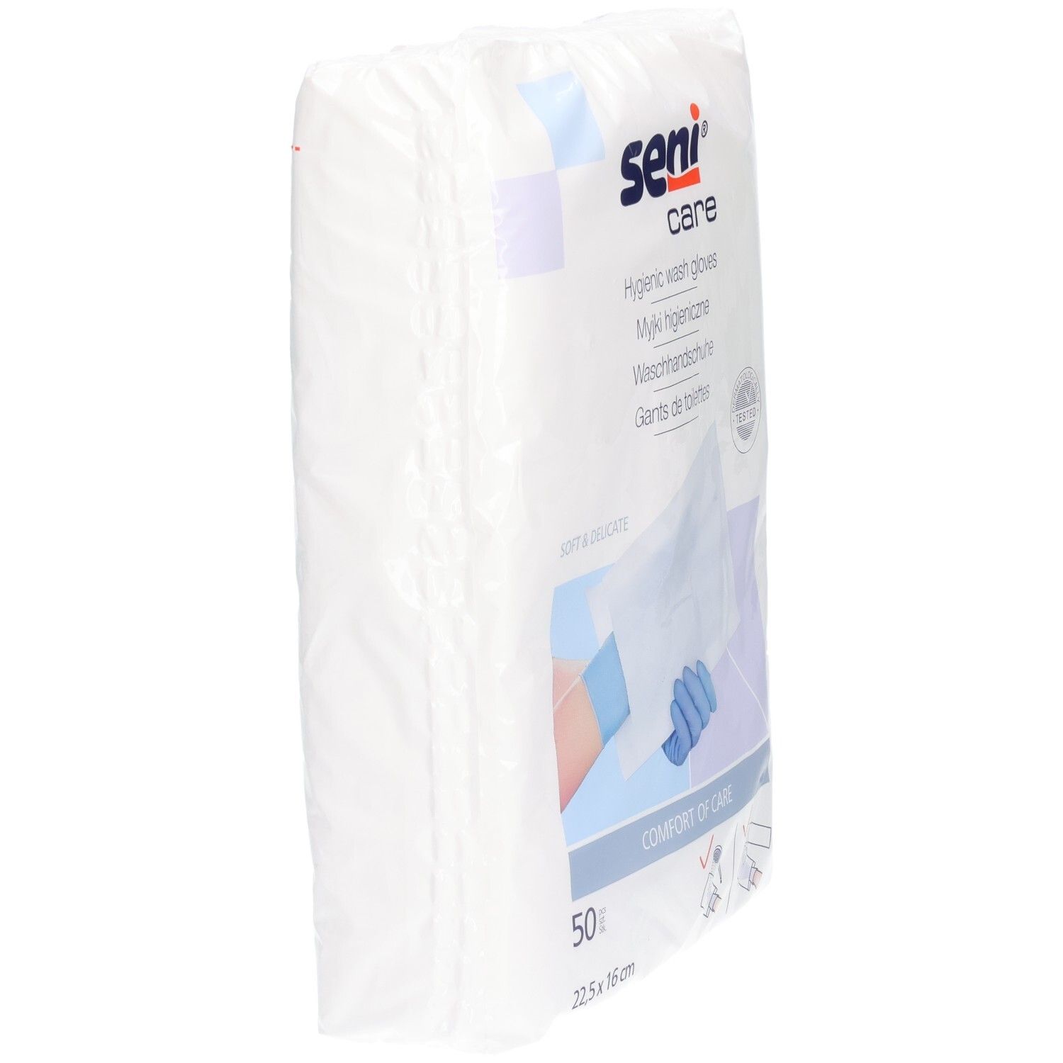 Packung mit 50 SENI Care hygienischen Waschhandschuhen, Seitenansicht.