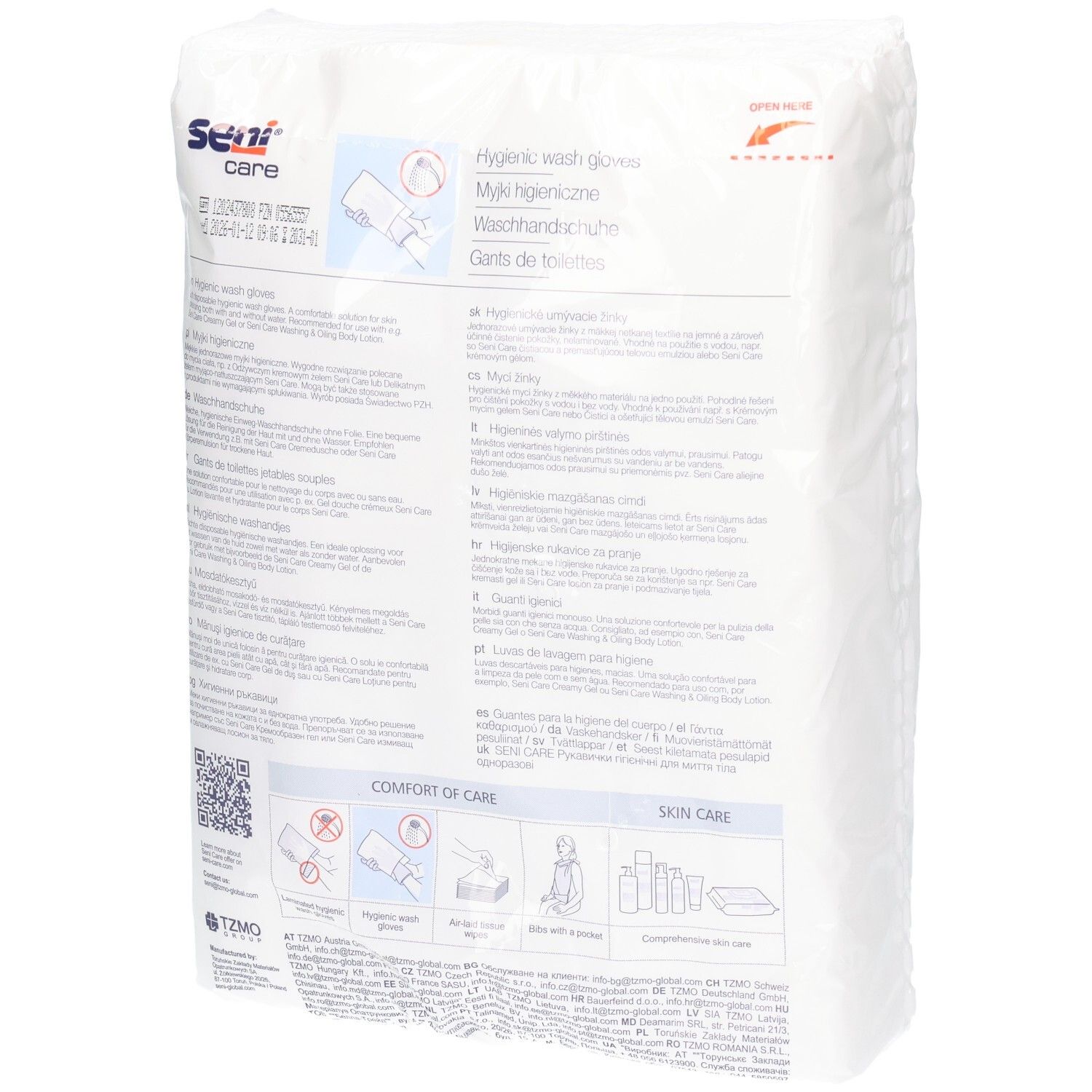 Rückseite der Packung mit 50 SENI Care hygienischen Waschhandschuhen, mit Anwendungshinweisen.