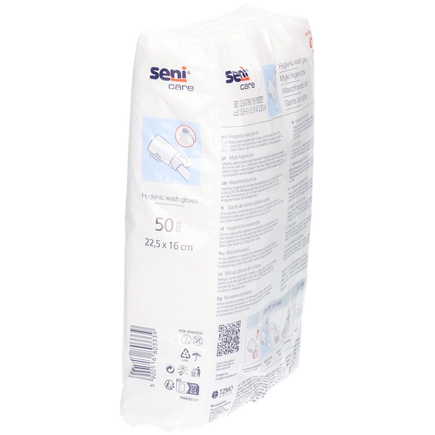 Seitenansicht der Packung mit 50 SENI Care hygienischen Waschhandschuhen.