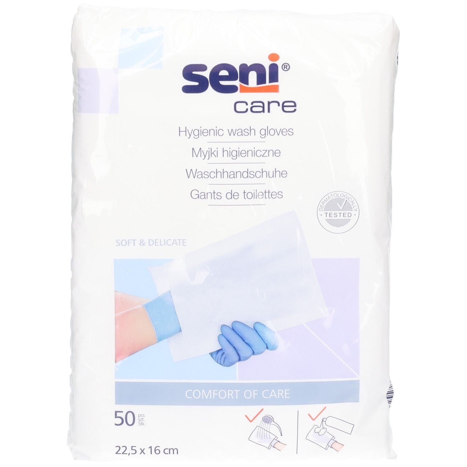 Packung mit 50 SENI Care hygienischen Waschhandschuhen, 22,5 x 16 cm.