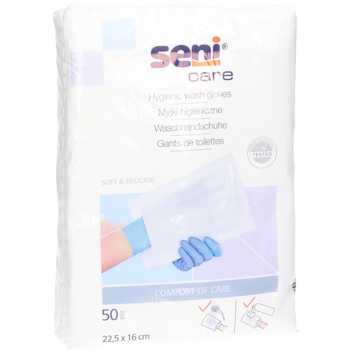 Packung mit 50 SENI Care hygienischen Waschhandschuhen, 22,5 x 16 cm.