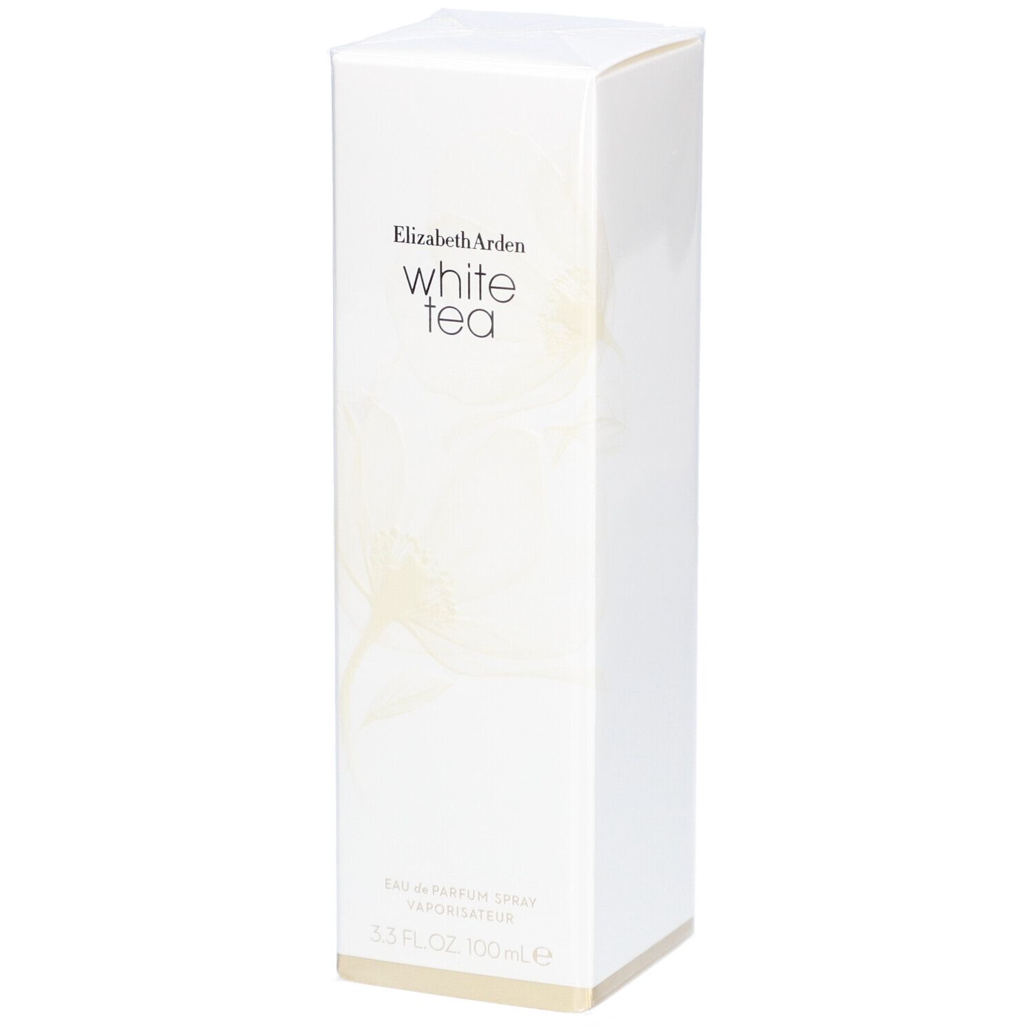 Boîte rectangulaire blanche avec nom de marque et produit. En bas, "Eau de Parfum Spray" est inscrit.