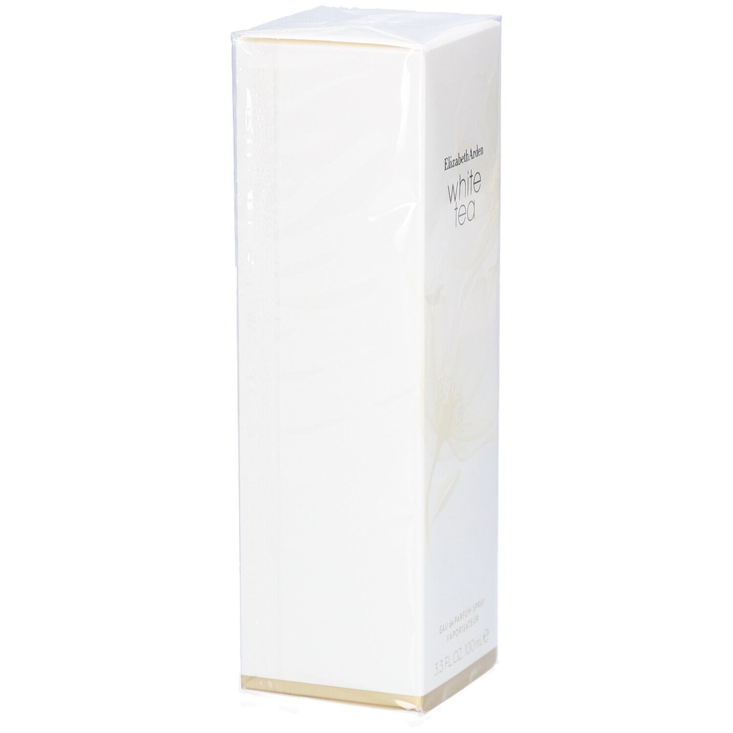 Boîte rectangulaire blanche dans un film transparent. Nom du produit et marque visibles.