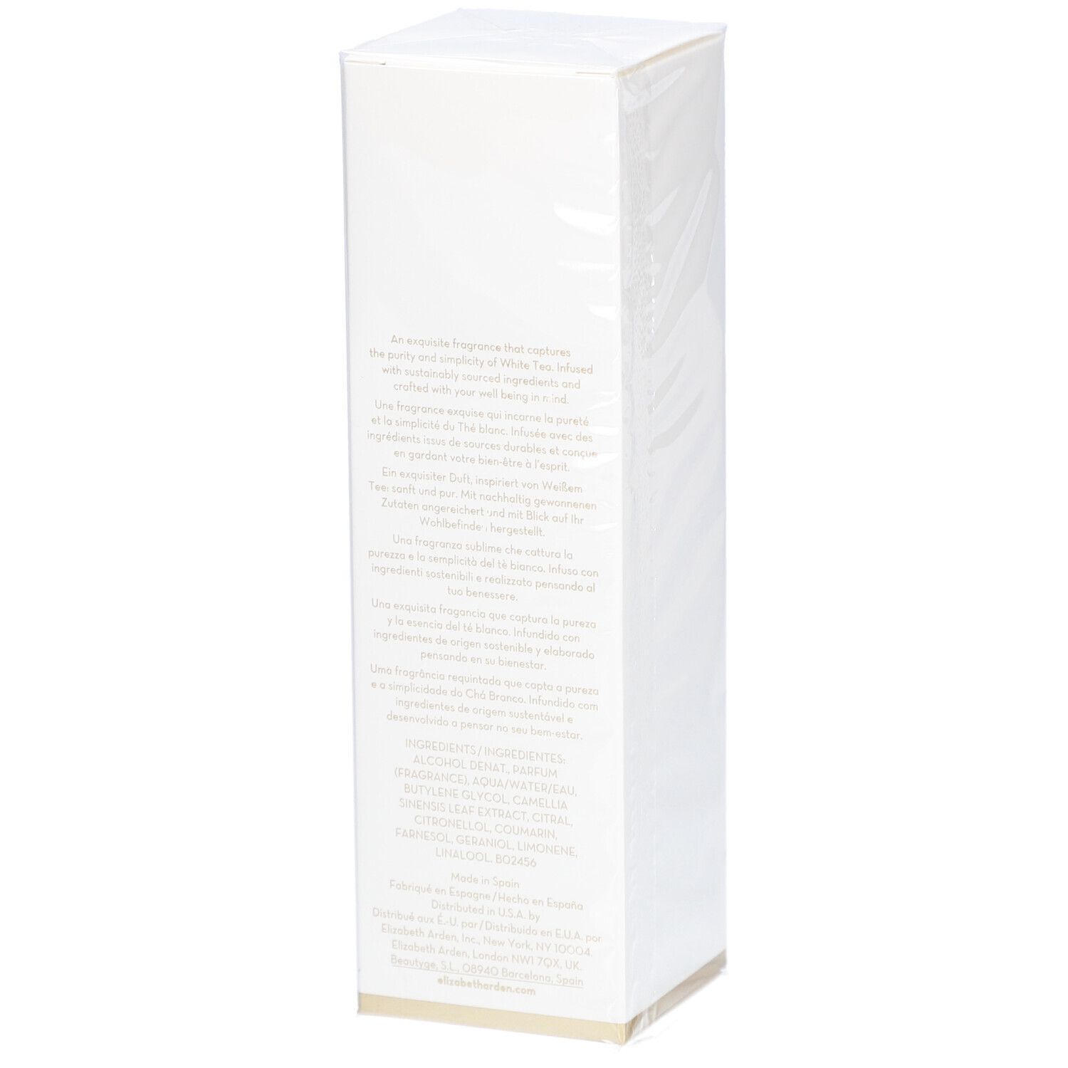 Boîte rectangulaire blanche avec texte. Texte en plusieurs langues, dont ingrédients et fabricant.