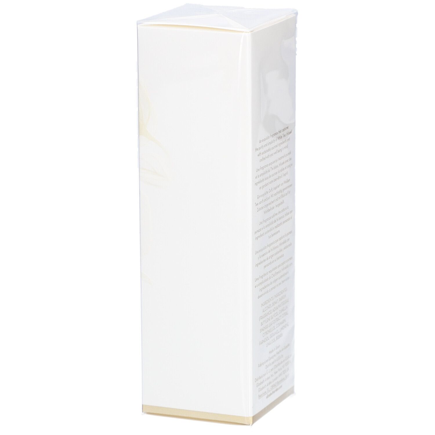 Boîte rectangulaire blanche dans un film transparent. Texte sur l'emballage visible.