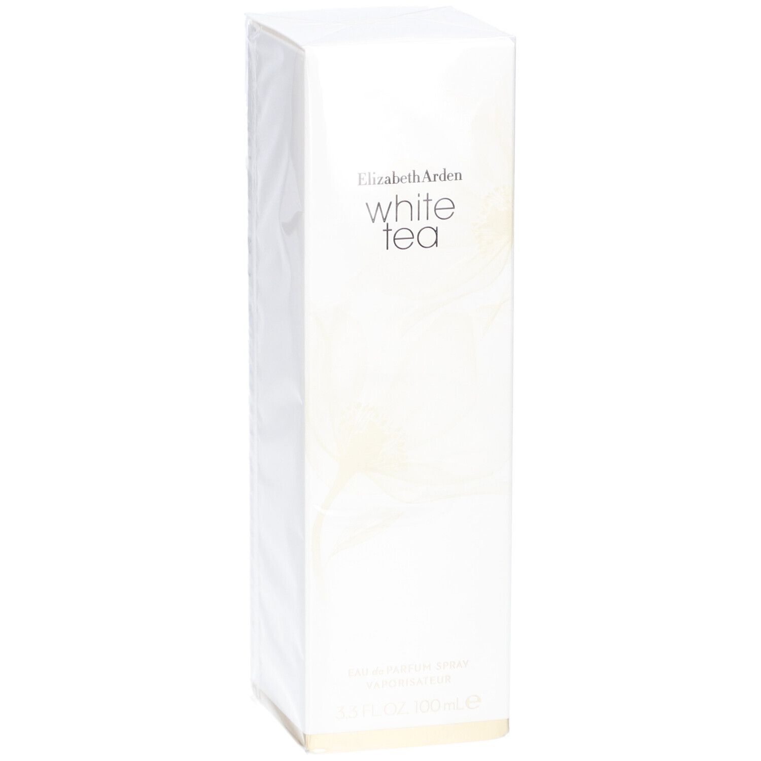 Boîte rectangulaire blanche avec nom de marque et produit. En bas, "Eau de Parfum Spray" est inscrit.