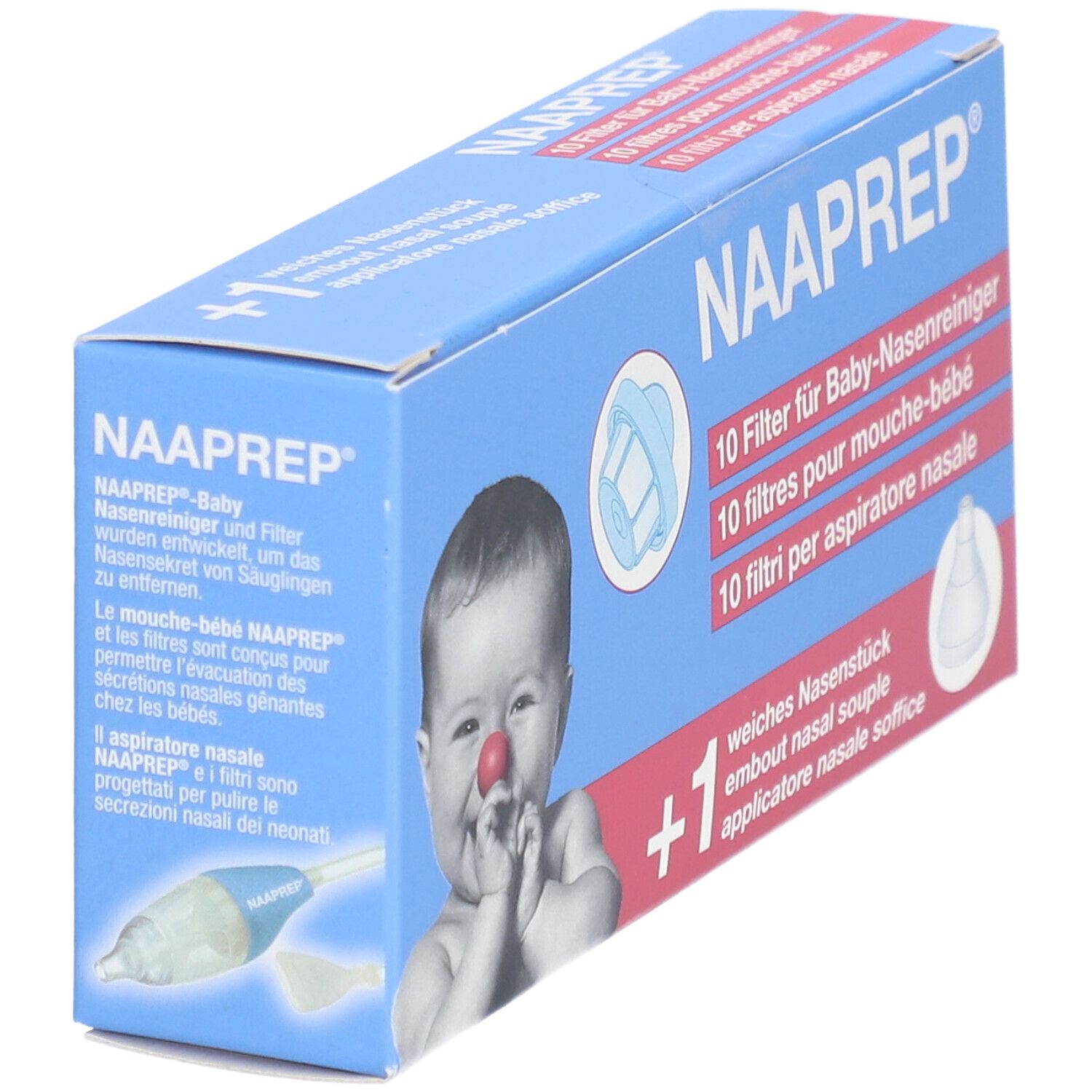 Boîte bleue et blanche avec image produit et bébé. Texte: NAAPREP®, mouche-bébé et filtres.