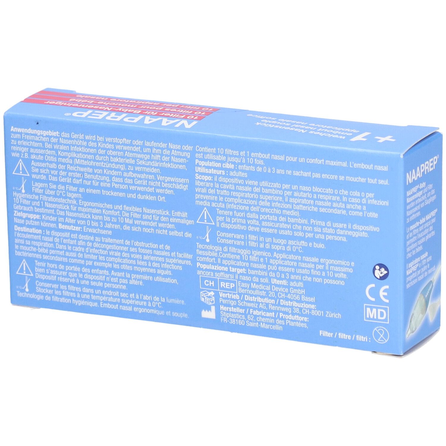 Boîte bleue, dos avec texte. Texte: NAAPREP®, marquage CE, marquage MD.