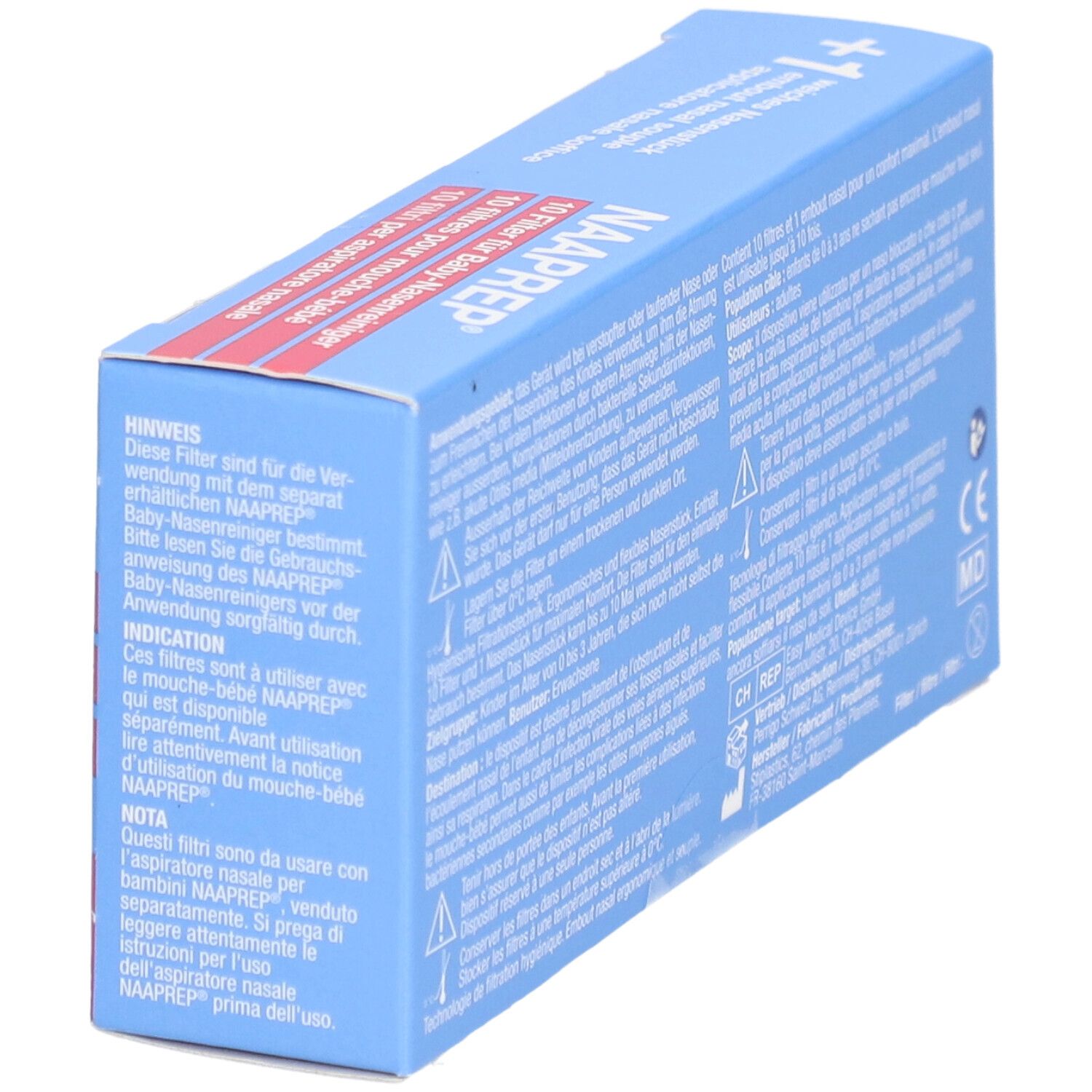 Boîte bleue, dos avec texte. Texte: NAAPREP®, indication, mode d'emploi.