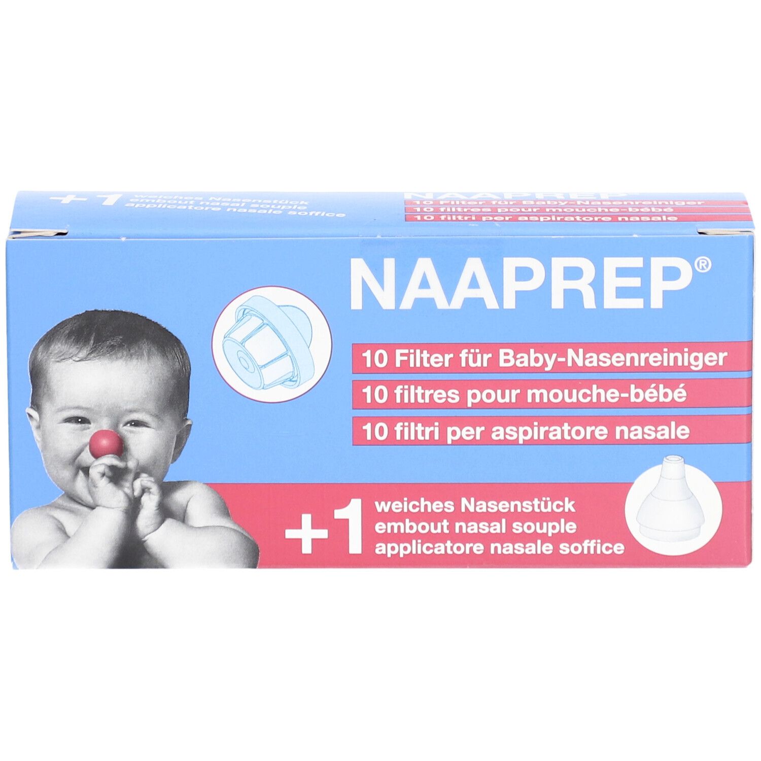 Boîte bleue et blanche avec image produit et bébé. Texte: NAAPREP®, 10 filtres pour mouche-bébé.
