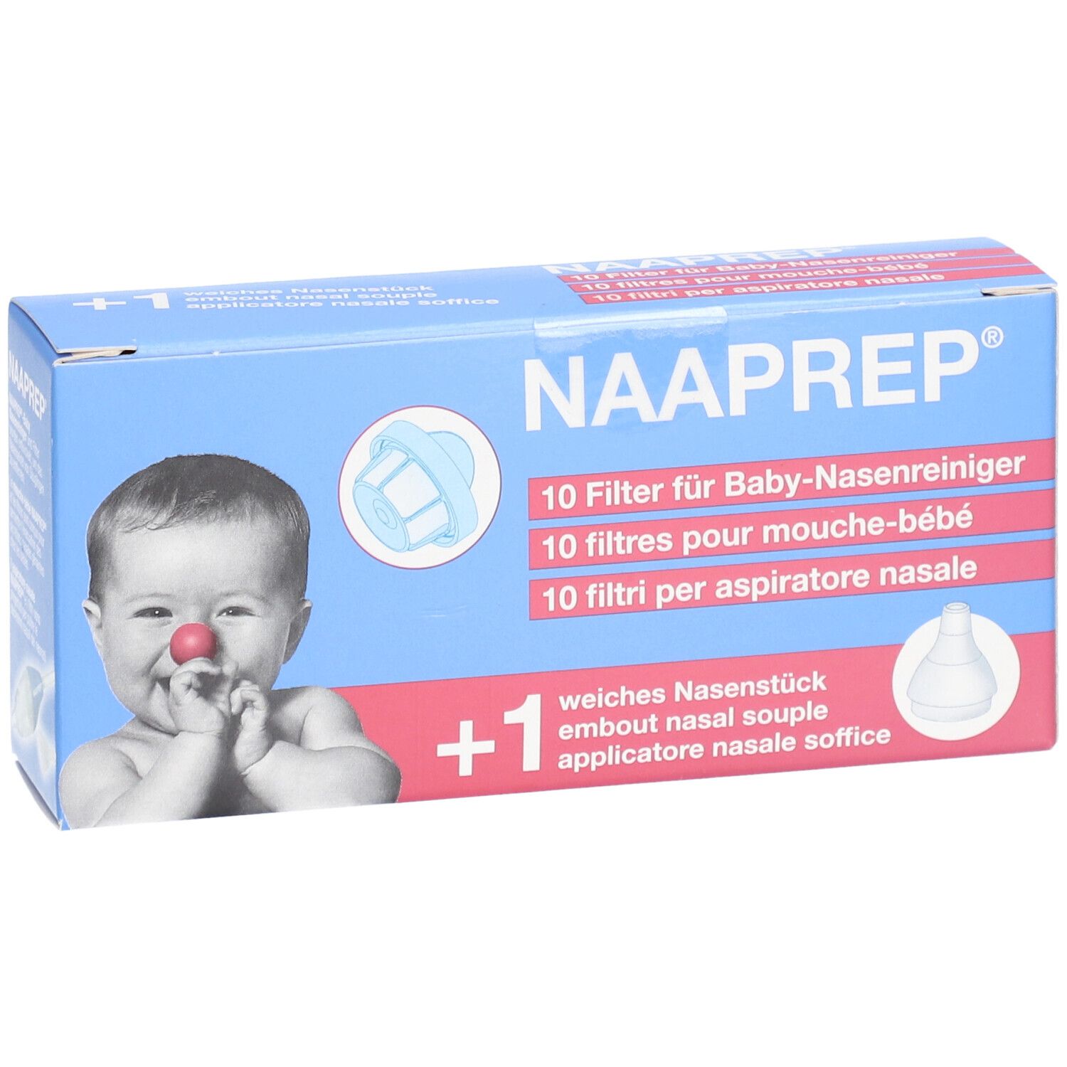 Boîte bleue et blanche avec image produit et bébé. Texte: NAAPREP®, 10 filtres pour mouche-bébé.