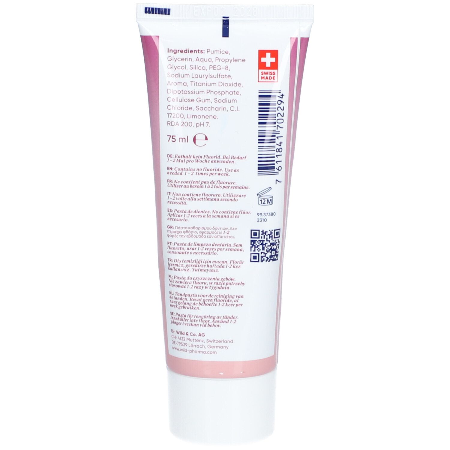Rückseite der Zahnpasta-Tube. Enthält Inhaltsstoffe, Schweizer Kreuz und QR-Code. Rosa-weißes Design.