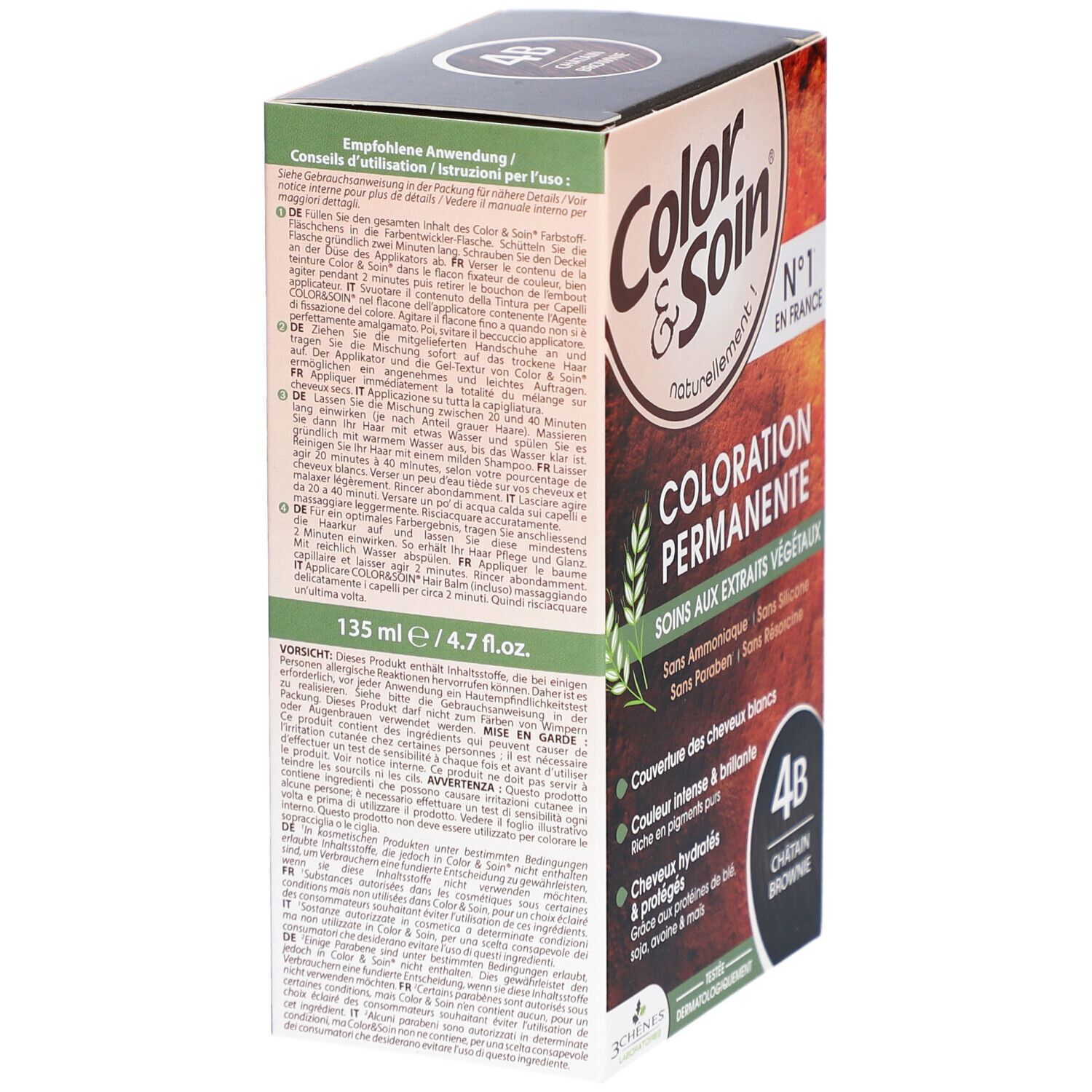 Seite der Haarfarben-Box Color & Soin. Text: Coloration Permanente, Soins aux extraits végétaux. 135 ml/4.7 fl.oz. Gebrauchsanweisung in mehreren Sprachen.