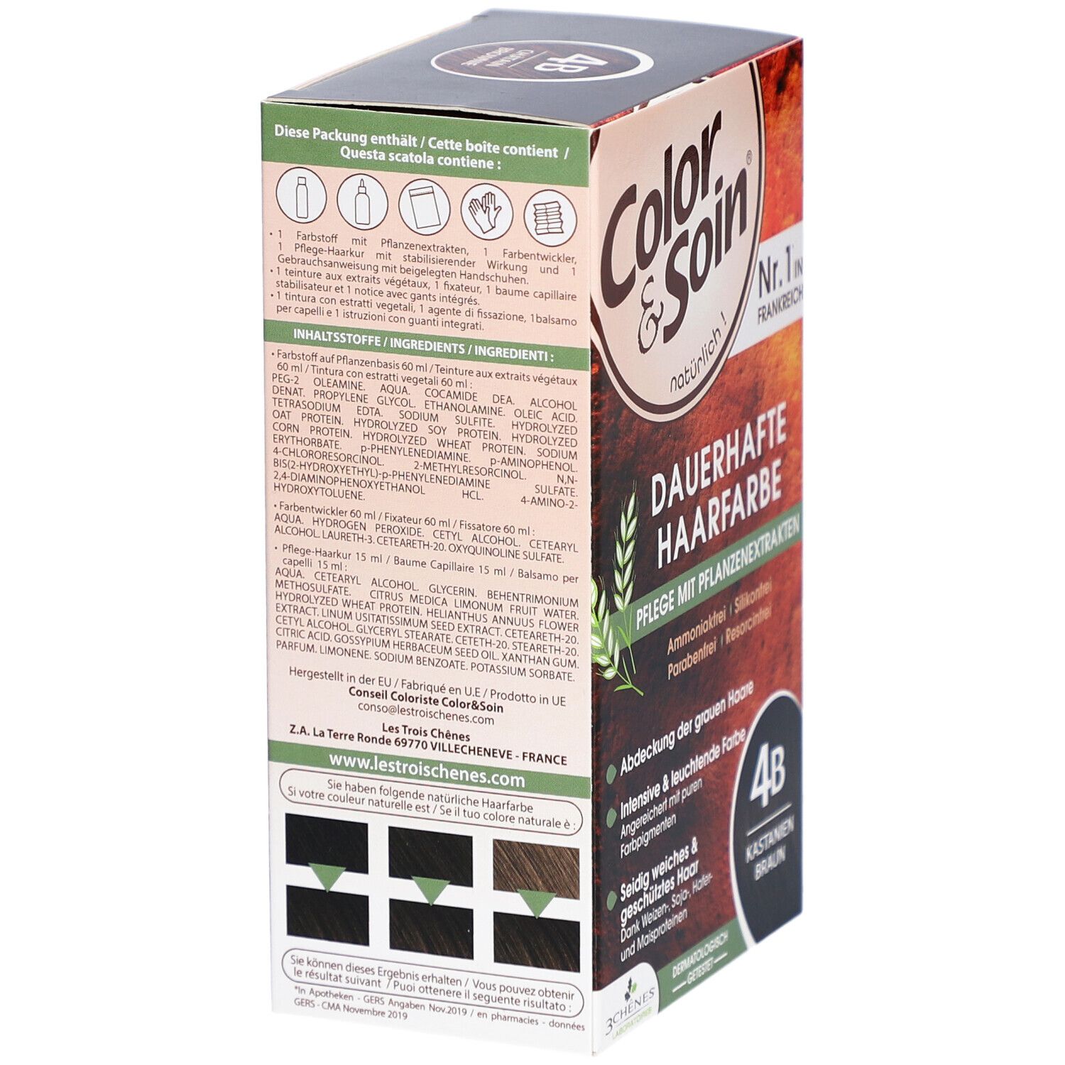 Rückseite der Haarfarben-Box Color & Soin. Text: Dauerhafte Haarfarbe, Pflege mit Pflanzenextrakten. Inhaltsstoffe, Farbbeispiele, Herstelleradresse.