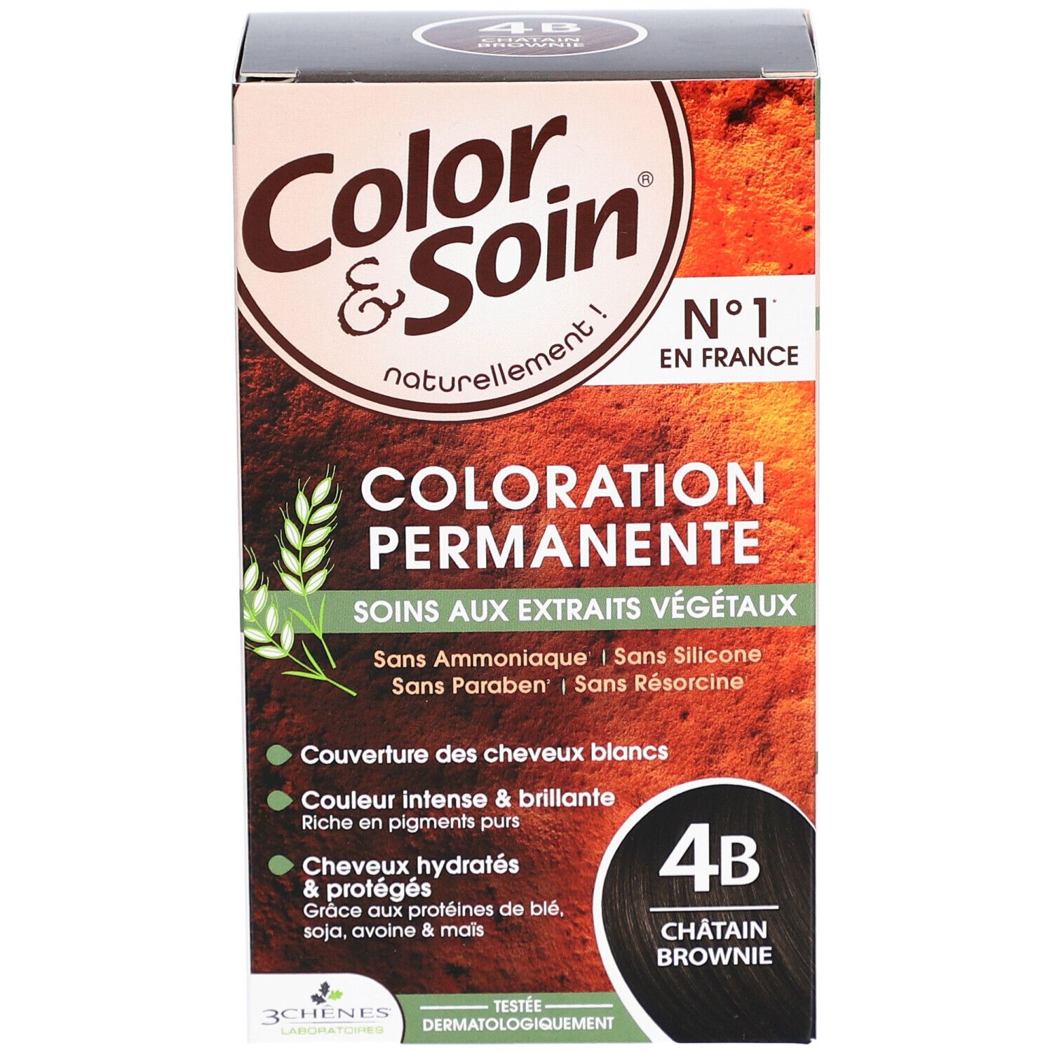 Haarfarben-Box Color & Soin, 4B Châtain Brownie. Text: Coloration Permanente, Soins aux extraits végétaux. Ohne Ammoniak, Silikon, Parabene, Resorcin.
