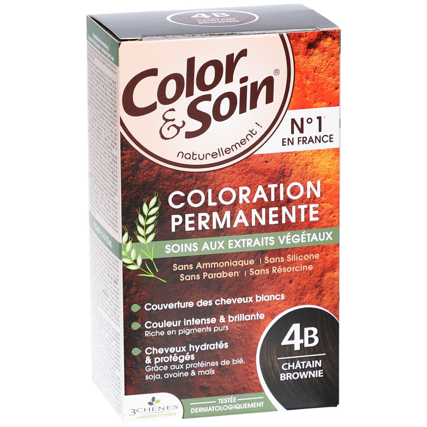Haarfarben-Box Color & Soin, 4B Châtain Brownie. Text: Coloration Permanente, Soins aux extraits végétaux. Ohne Ammoniak, Silikon, Parabene, Resorcin.