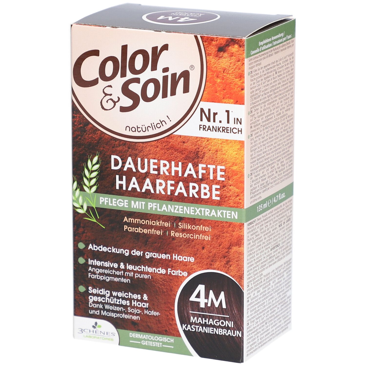 Color & Soin® Haarfarbe, 4M Mahagoni Kastanienbraun. Verpackung mit Produktinformationen und Inhaltsstoffen.