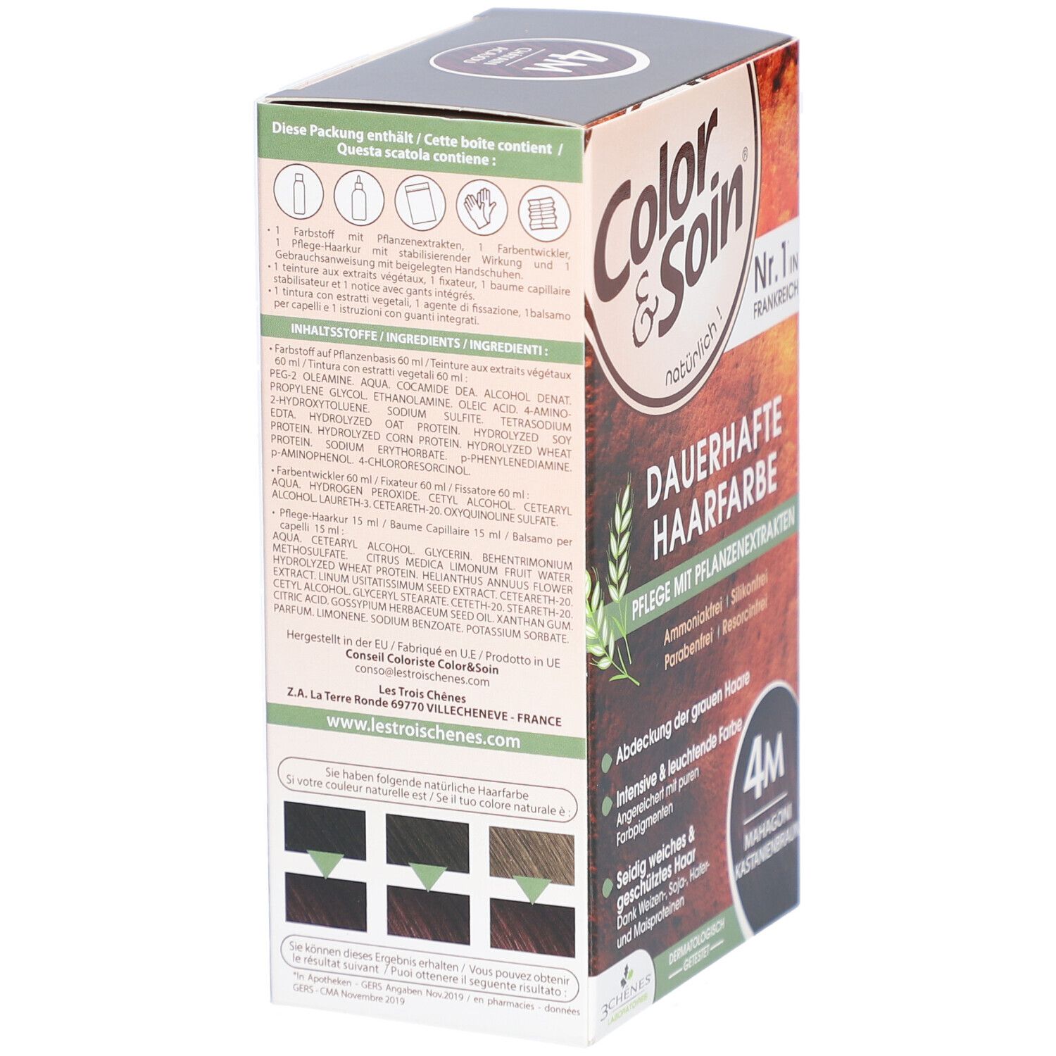 Color & Soin® Haarfarbe, 4M Mahagoni Kastanienbraun. Verpackung mit Produktinformationen und Inhaltsstoffen.