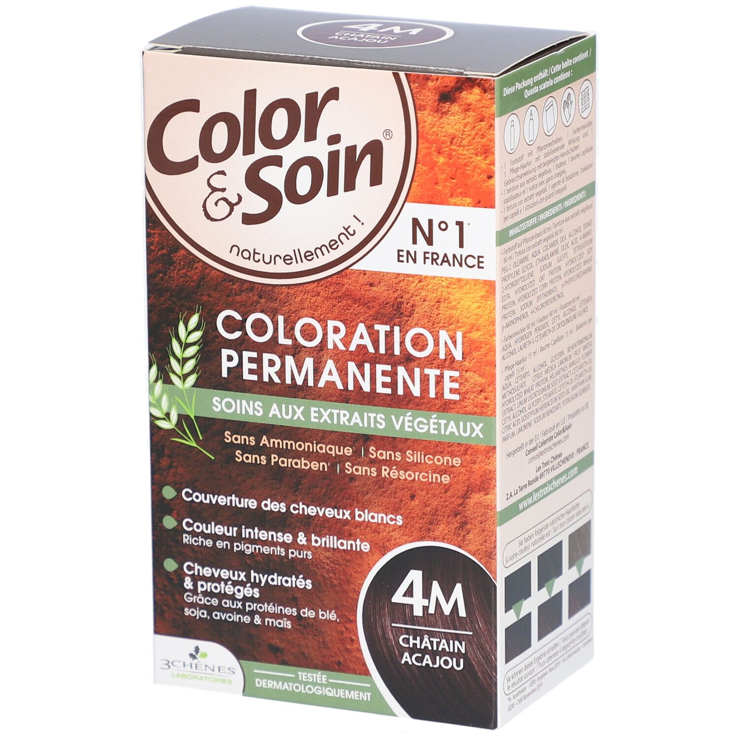 Color & Soin® Haarfarbe, 4M Châtain Acajou. Verpackung mit Produktinformationen und Inhaltsstoffen.