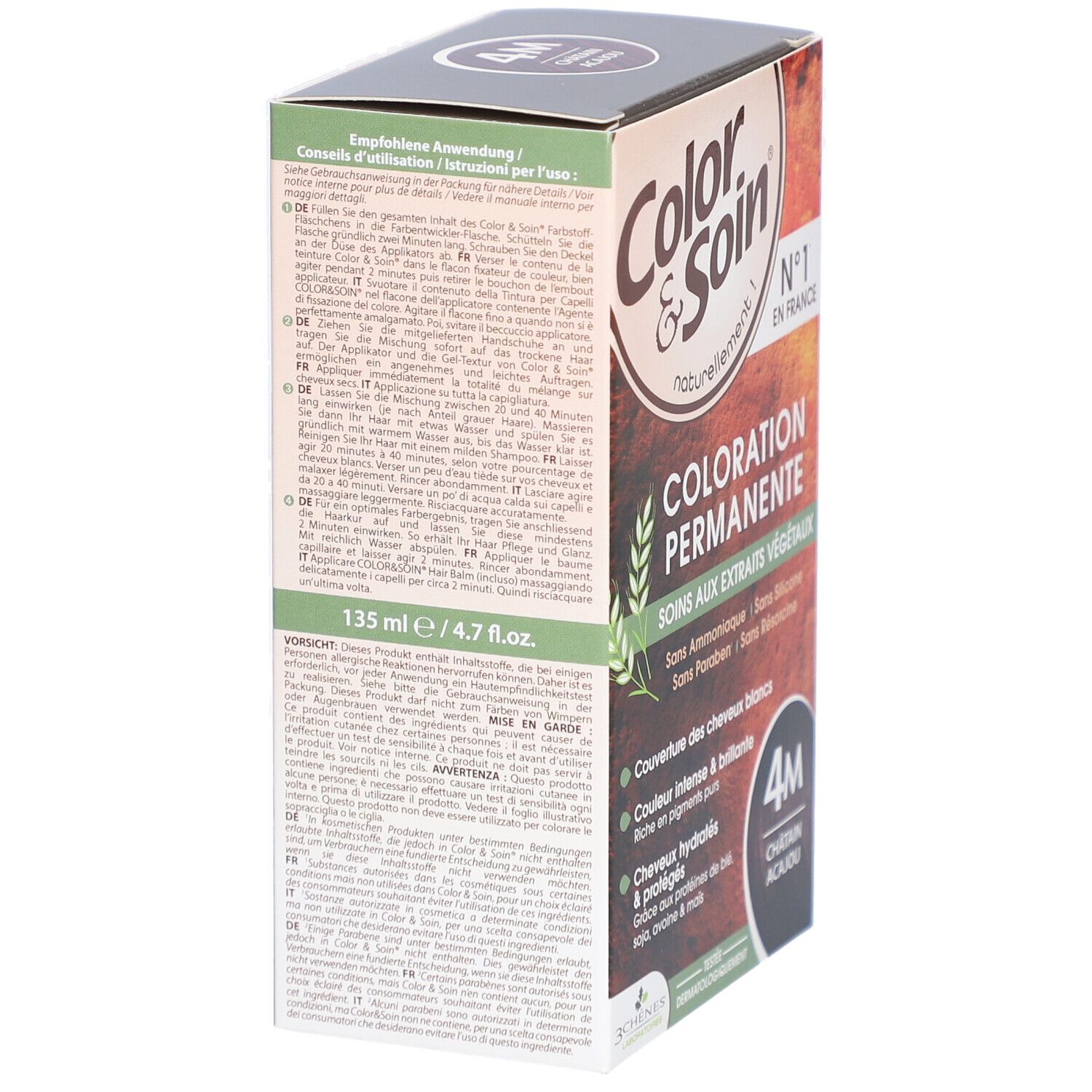Color & Soin® Haarfarbe, 4M Châtain Acajou. Verpackung mit Produktinformationen und Inhaltsstoffen.