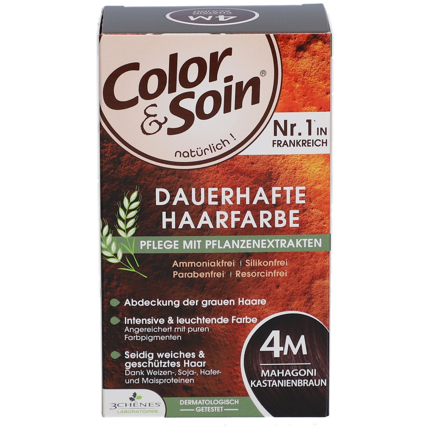 Color & Soin® Haarfarbe, 4M Mahagoni Kastanienbraun. Verpackung mit Produktinformationen und Inhaltsstoffen.