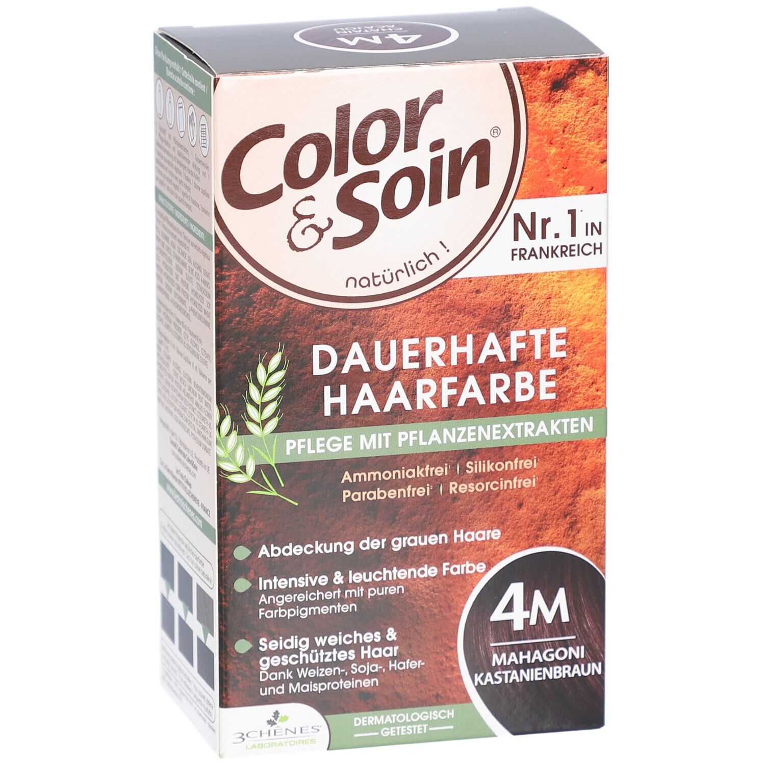 Color & Soin® Haarfarbe, 4M Mahagoni Kastanienbraun. Verpackung mit Produktinformationen und Inhaltsstoffen.