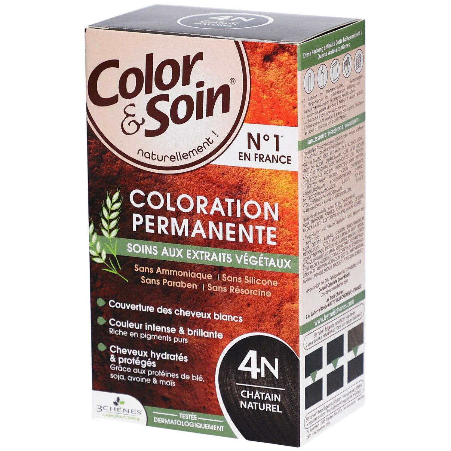 Boîte de coloration permanente 4N Châtain Naturel. Ingrédients et certifications visibles. Marque Color & Soin.