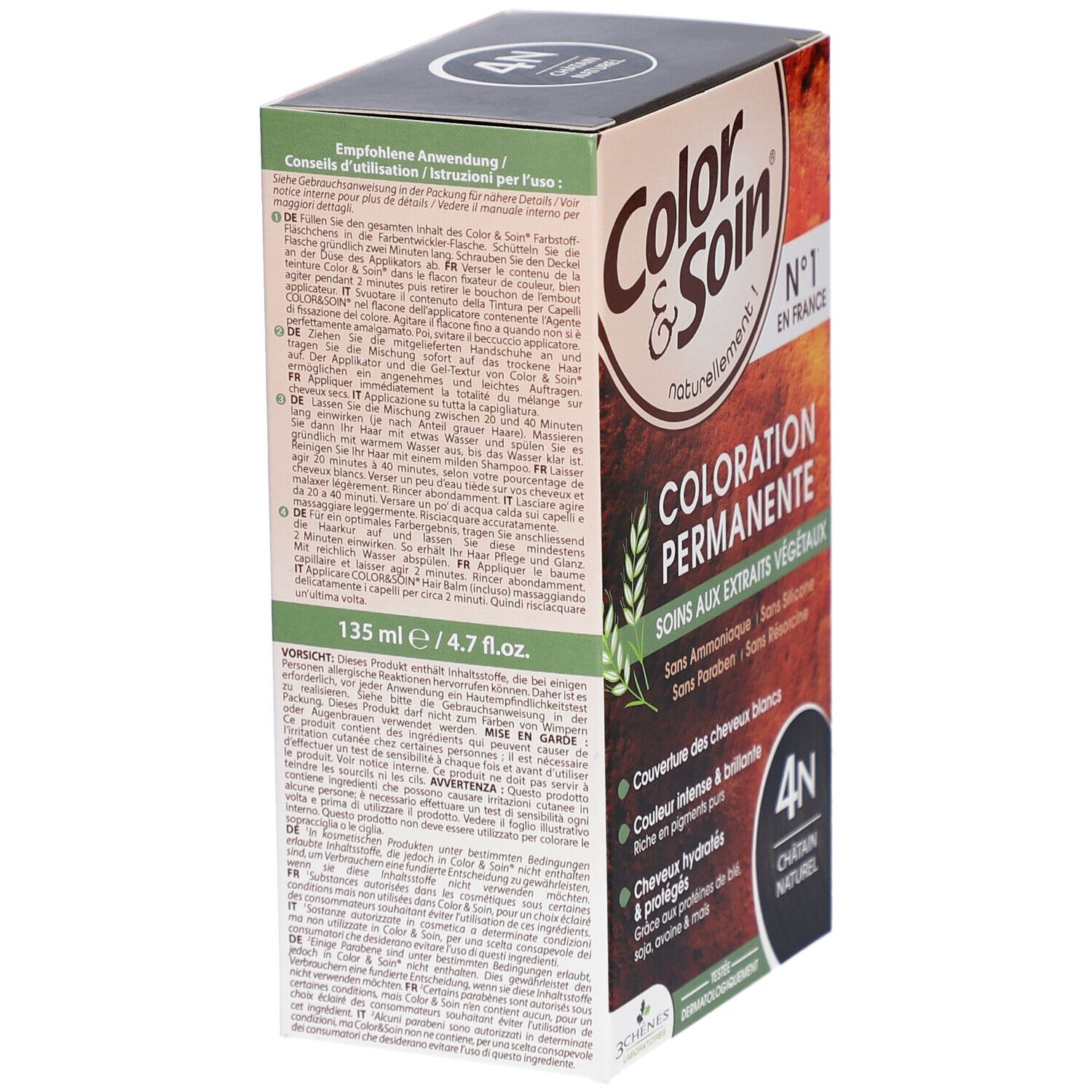 Boîte de coloration avec instructions d'utilisation. Contient 135 ml/4.7 fl. oz. Marque Color & Soin.