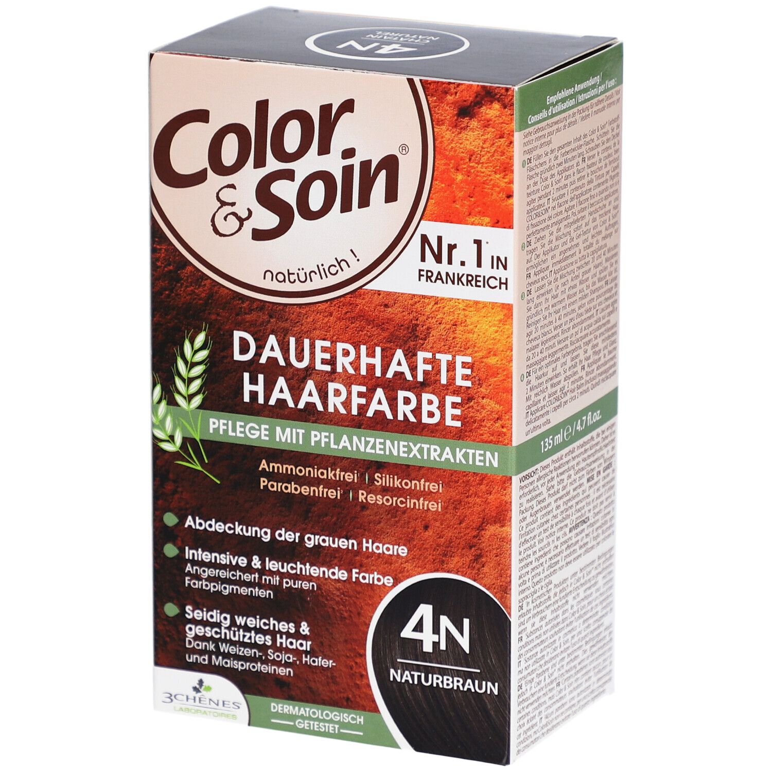 Boîte de coloration permanente 4N Châtain Naturel. Ingrédients et certifications visibles. Marque Color & Soin.