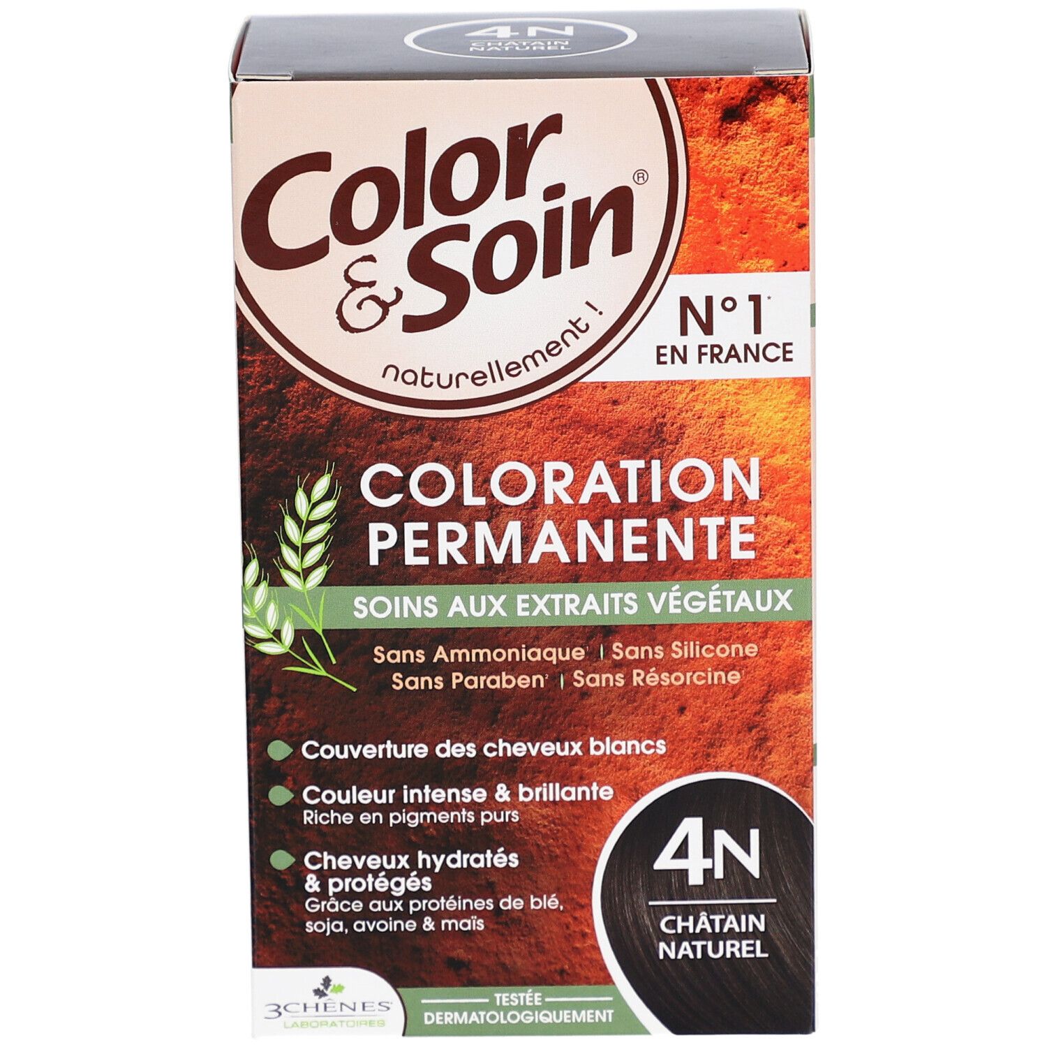 Boîte de coloration permanente 4N Châtain Naturel. Ingrédients et certifications visibles. Marque Color & Soin.