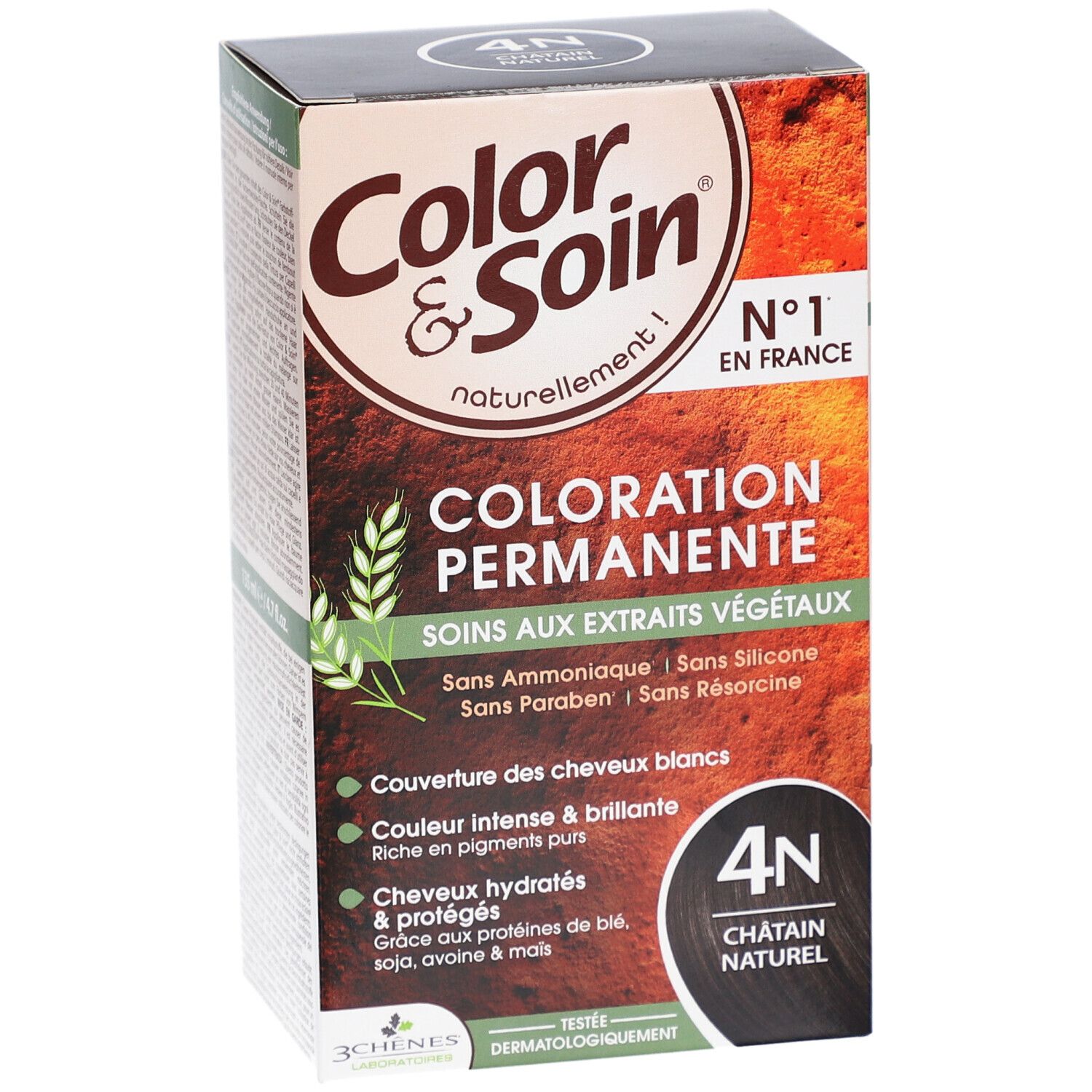 Boîte de coloration permanente 4N Châtain Naturel. Ingrédients et certifications visibles. Marque Color & Soin.