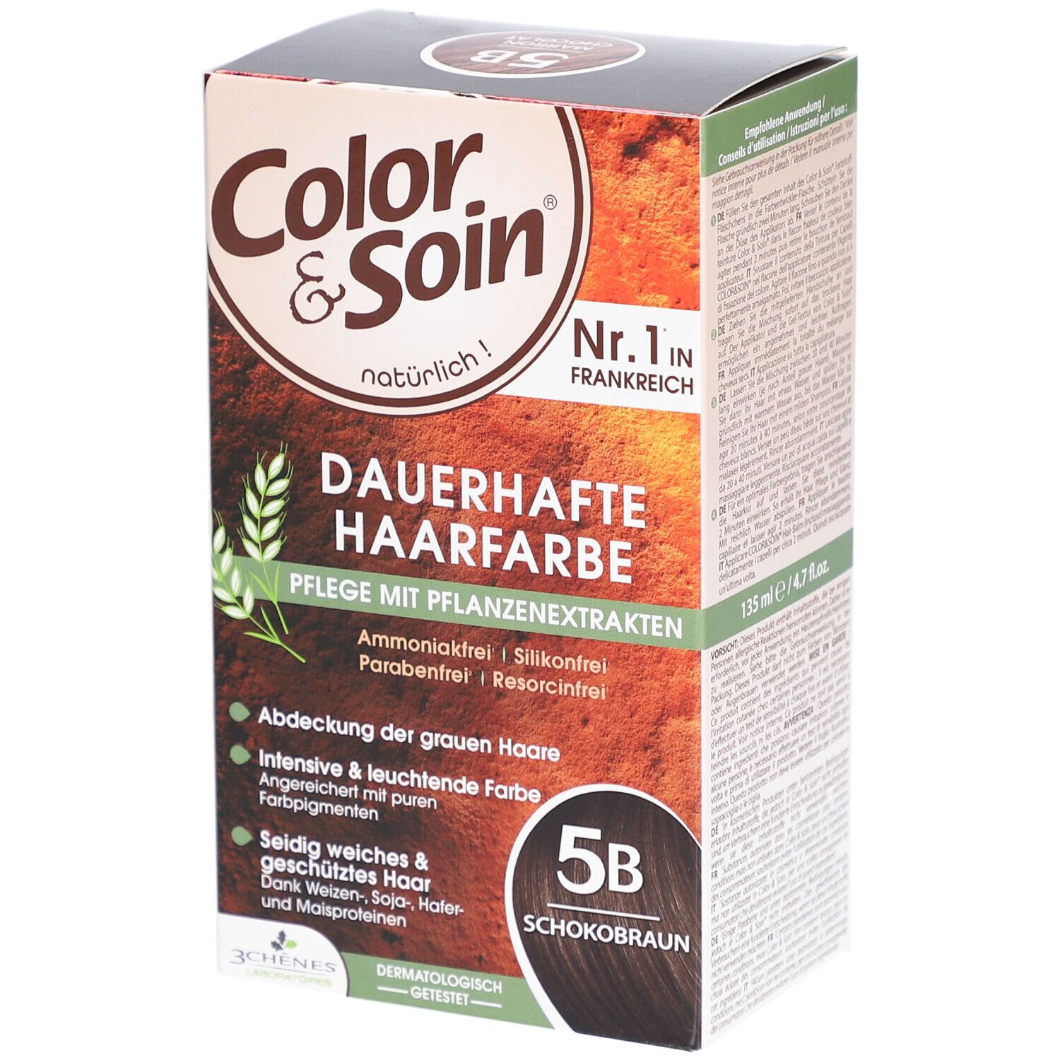 Haarfarbepackung Color & Soin 5B Schokobraun. Vorderseite mit Produktnamen, Inhaltsangaben und Zertifizierung.
