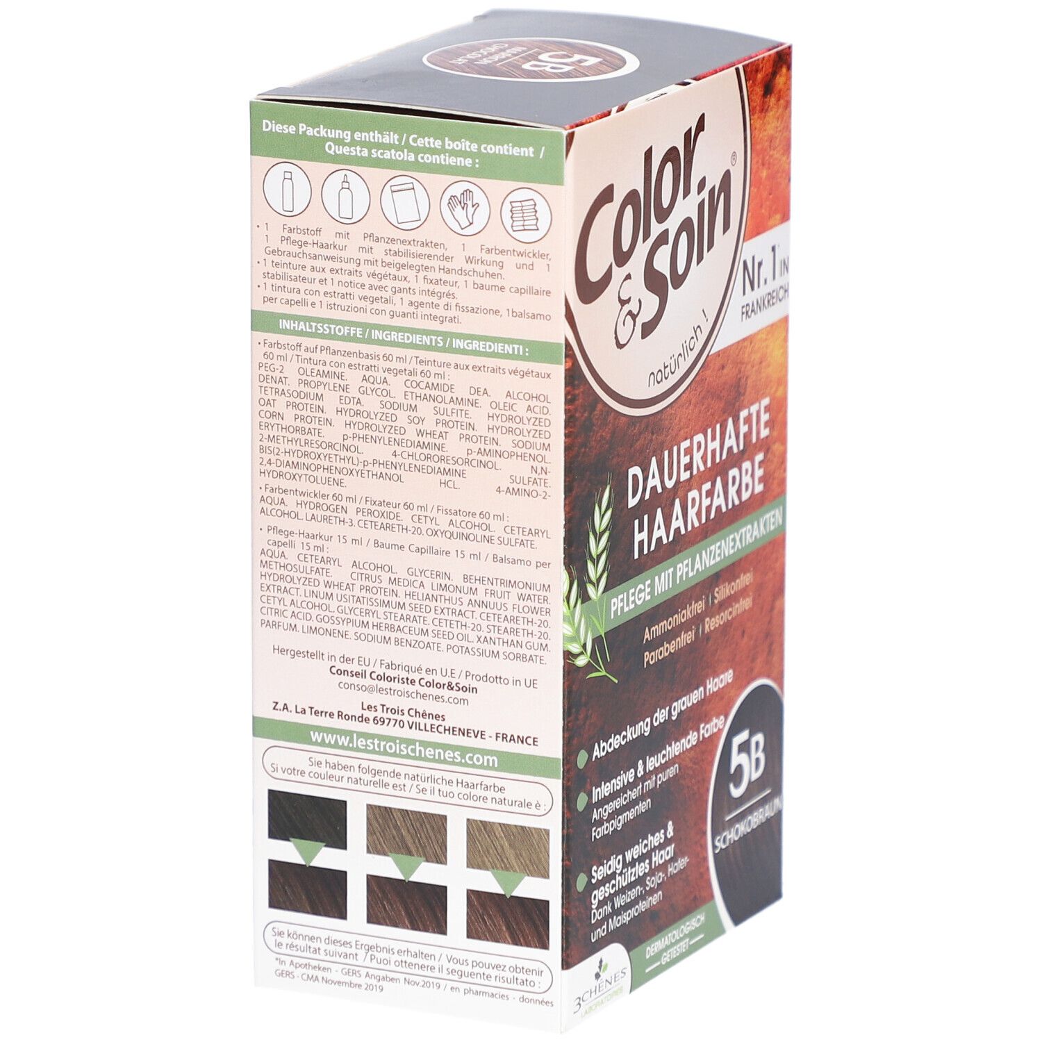 Rückseite der Haarfarbepackung Color & Soin. Enthält Inhaltsstoffe, Gebrauchsanweisung und Farbbeispiele.
