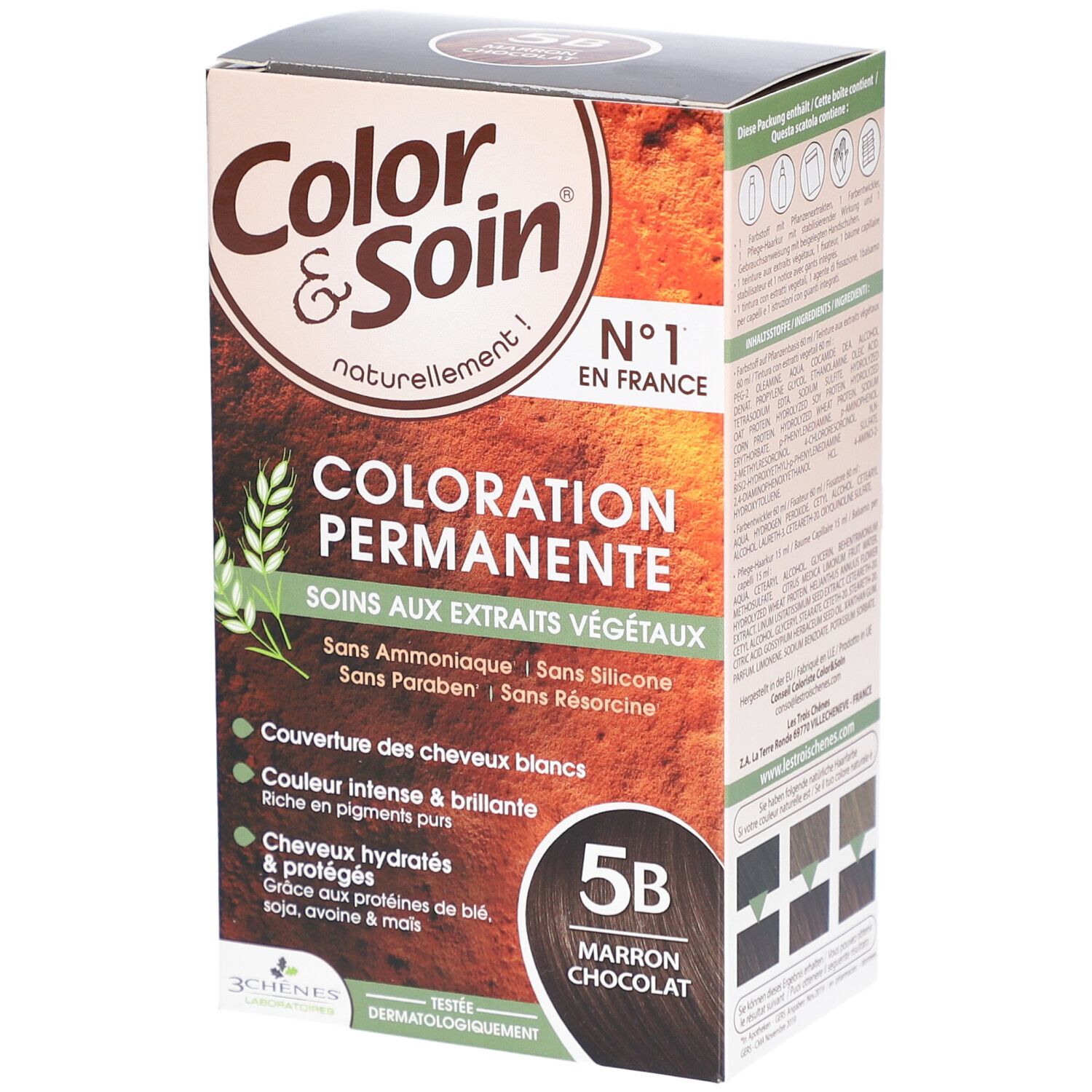 Haarfarbepackung Color & Soin, 5B Marron Chocolat. Vorderseite mit Produktnamen, Inhaltsangaben und Farbbeispielen.