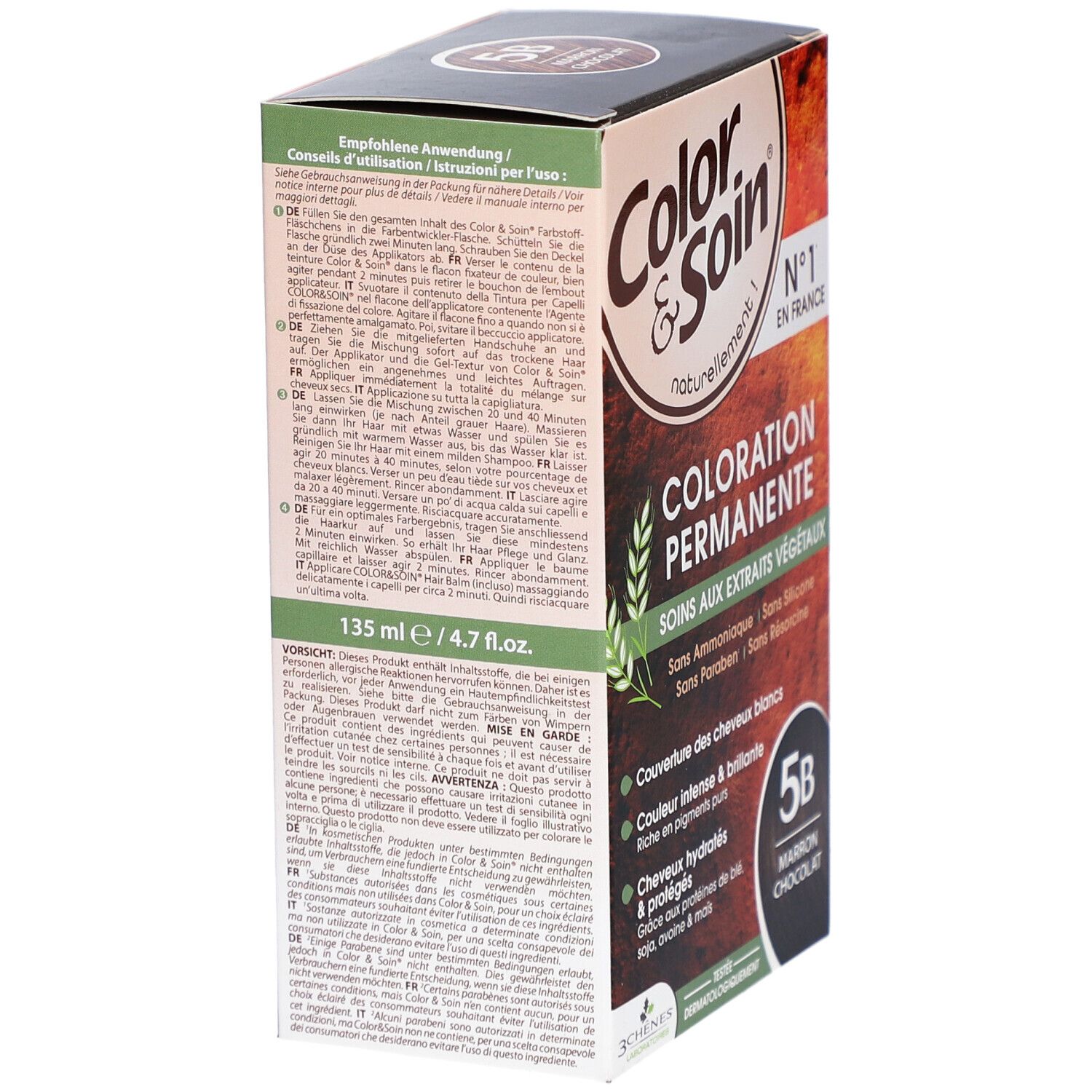 Seite der Haarfarbepackung Color & Soin, 5B Marron Chocolat. Enthält Gebrauchsanweisung und Inhaltsangaben.