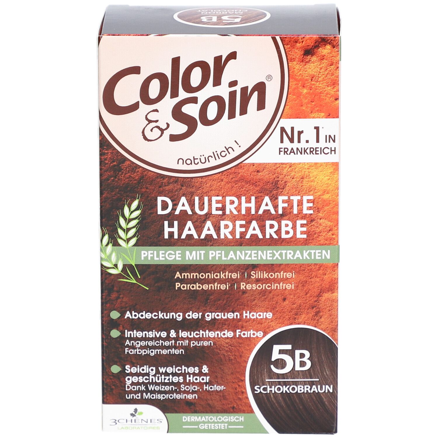 Haarfarbepackung Color & Soin 5B Schokobraun. Vorderseite mit Produktnamen, Inhaltsangaben und Zertifizierung.