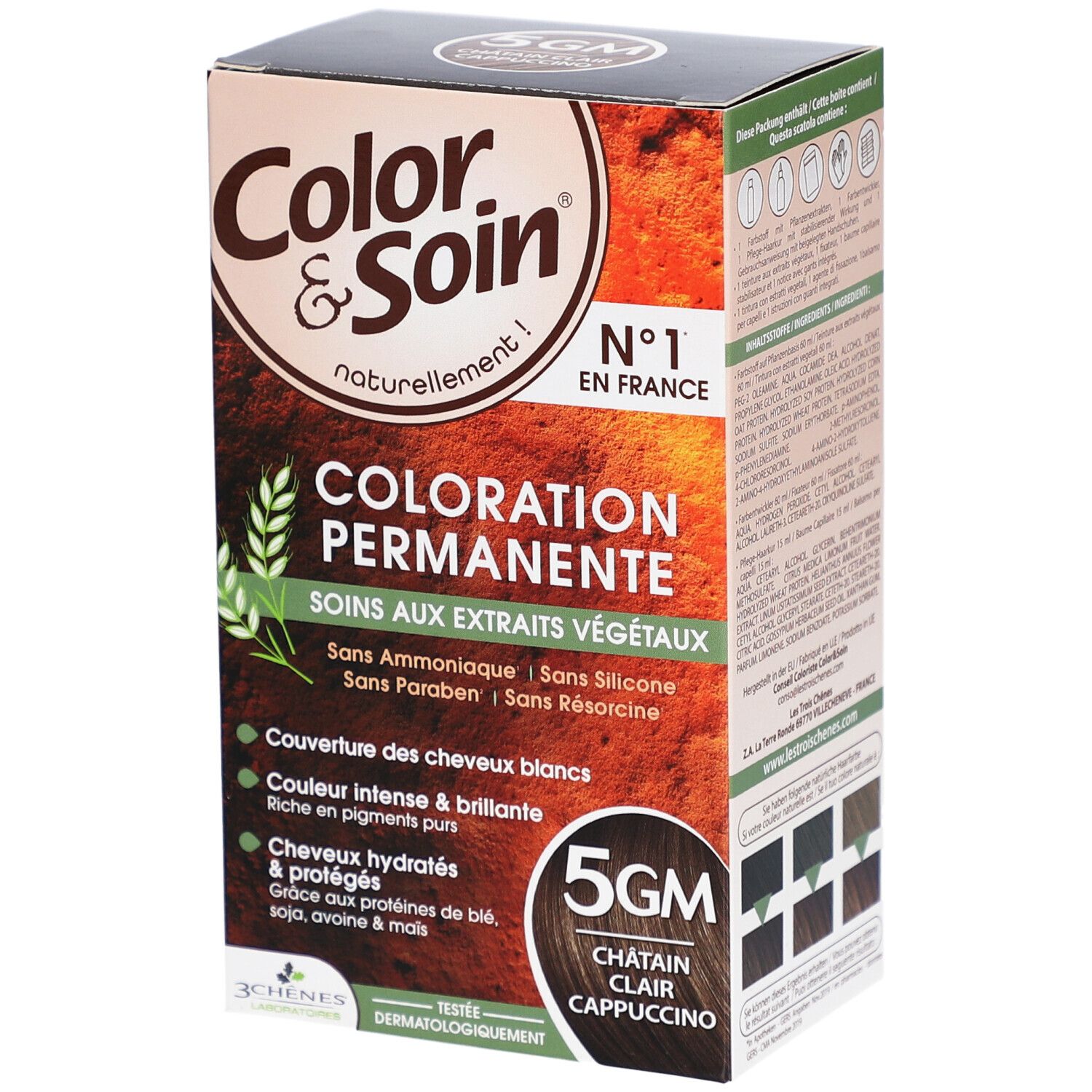 Color & Soin® Haarfarbe Box. 5GM Châtain Clair Cappuccino. Text: Coloration Permanente, Soins aux extraits végétaux. Ohne Ammoniak, Silikon, Parabene, Resorcin.