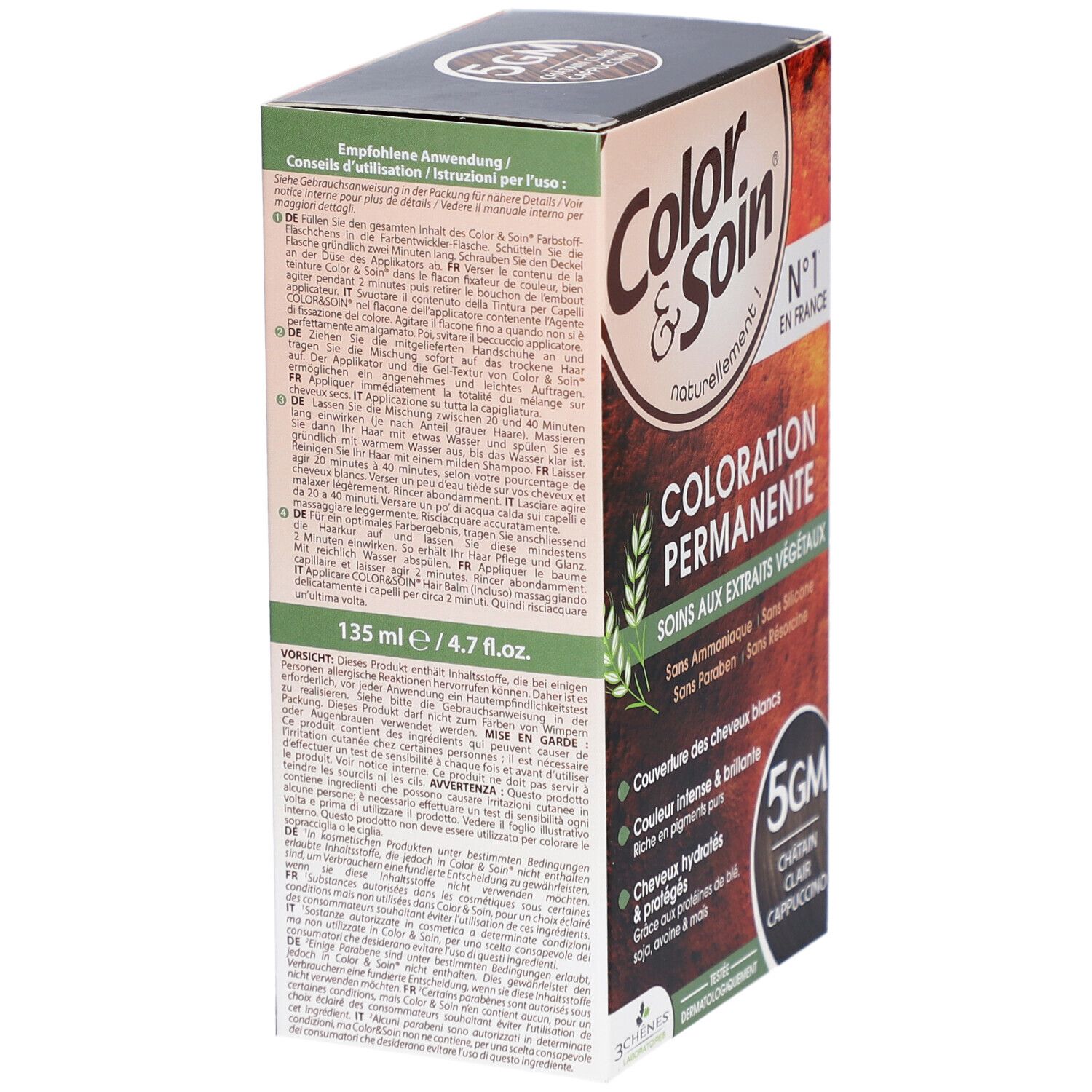 Color & Soin® Haarfarbe Box. Rückseite mit Text in mehreren Sprachen. 135 ml / 4.7 fl.oz. Text: Coloration Permanente, Soins aux extraits végétaux. 5GM Châtain Clair Cappuccino.