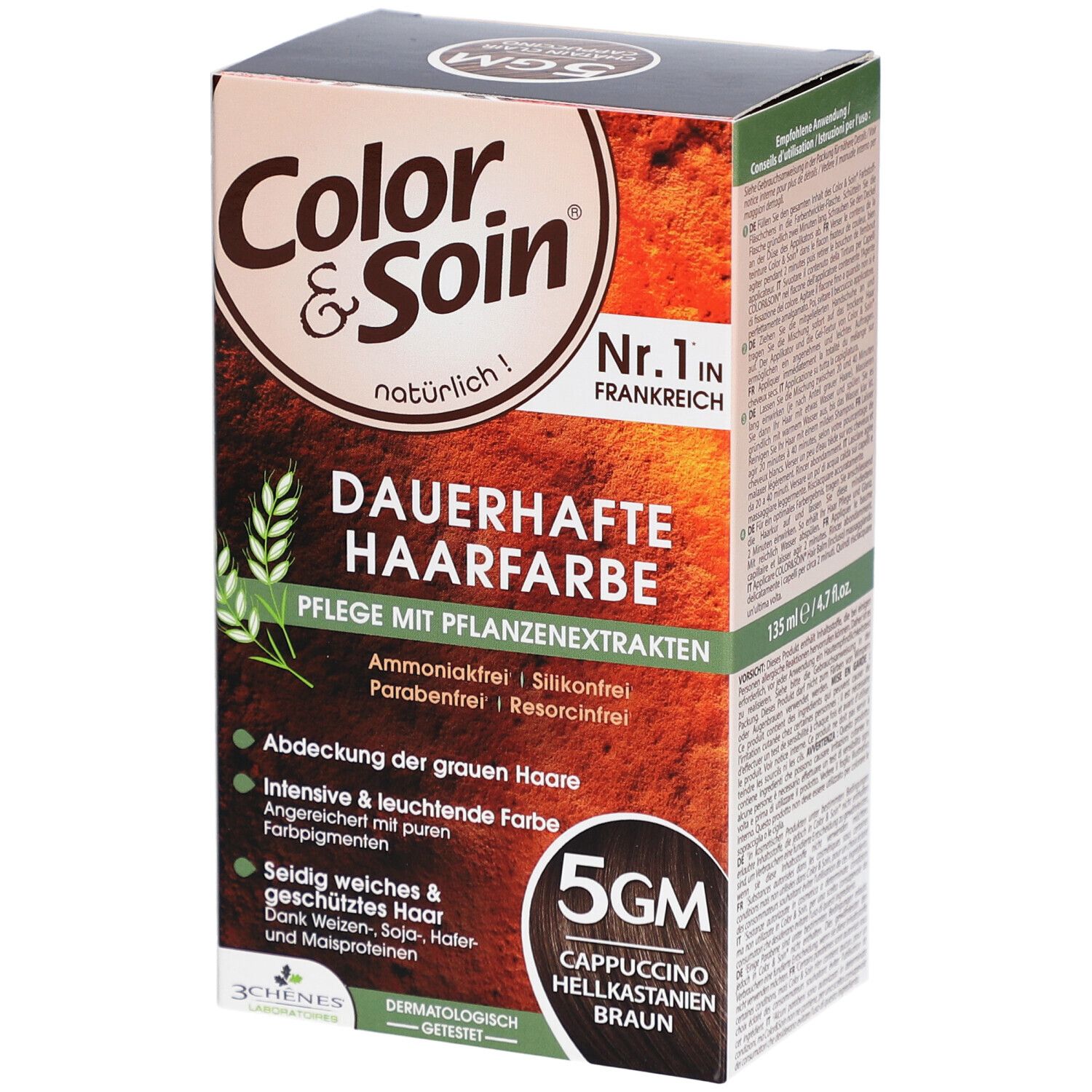 Color & Soin® Haarfarbe Box. 5GM Cappuccino Hellkastanien Braun. Text: Dauerhafte Haarfarbe, Pflege mit Pflanzenextrakten. Ohne Ammoniak, Silikon, Parabene, Resorcin.