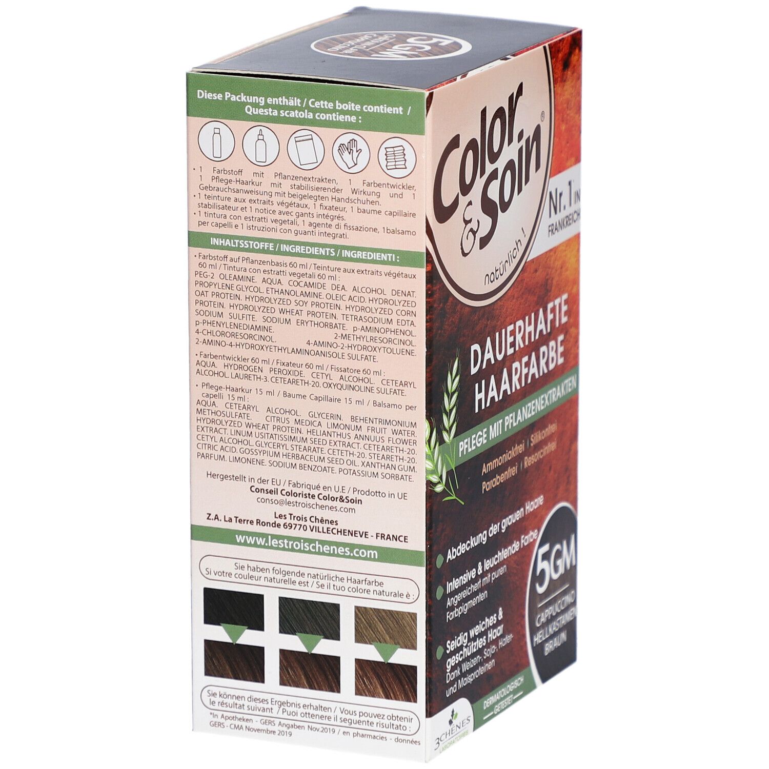 Color & Soin® Haarfarbe Box. Rückseite mit Inhaltsstoffen und Text in mehreren Sprachen. 5GM Cappuccino Hellkastanien Braun. Pflege mit Pflanzenextrakten.