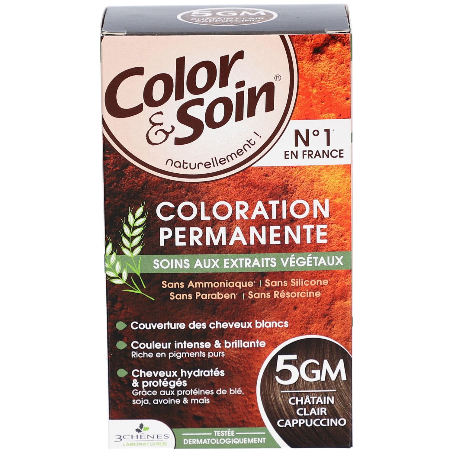 Color & Soin® Haarfarbe Box. 5GM Châtain Clair Cappuccino. Text: Coloration Permanente, Soins aux extraits végétaux. Ohne Ammoniak, Silikon, Parabene, Resorcin.