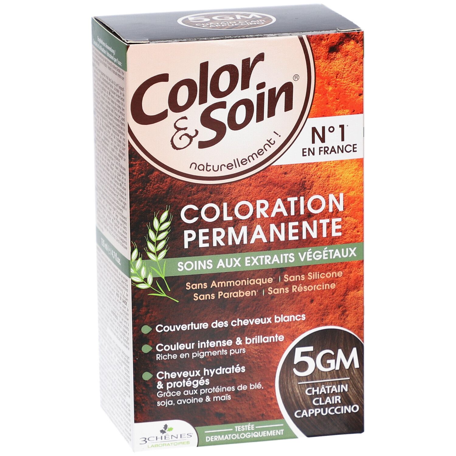 Color & Soin® Haarfarbe Box. 5GM Châtain Clair Cappuccino. Text: Coloration Permanente, Soins aux extraits végétaux. Ohne Ammoniak, Silikon, Parabene, Resorcin.