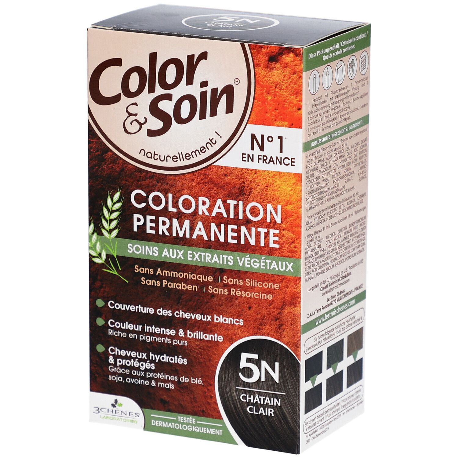 Haarfarben-Box. Color & Soin, permanente Coloration. 5N Châtain Clair. Ohne Ammoniak, Silikon, Parabene und Resorcin.