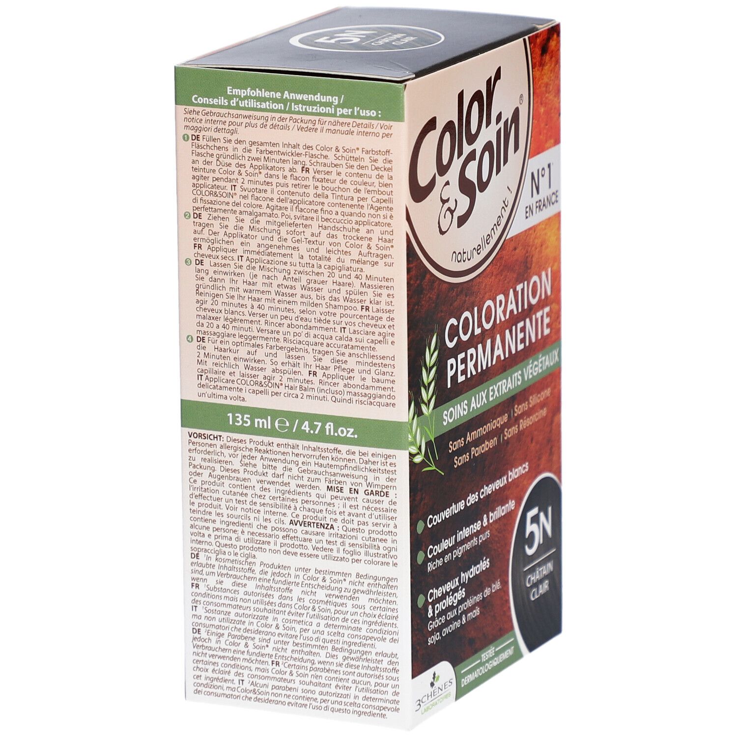 Haarfarben-Box. Color & Soin, permanente Coloration. 5N Châtain Clair. 135 ml/4.7 fl. oz. Rückseite mit Anwendungsanweisungen.