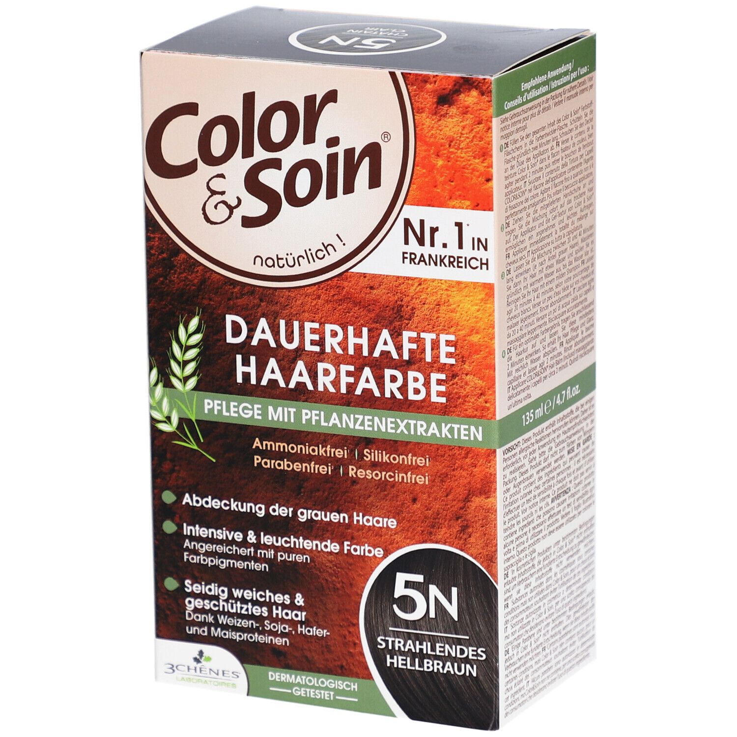 Haarfarben-Box. Color & Soin, dauerhafte Haarfarbe. 5N Strahlendes Hellbraun. Mit Pflanzenextrakten.