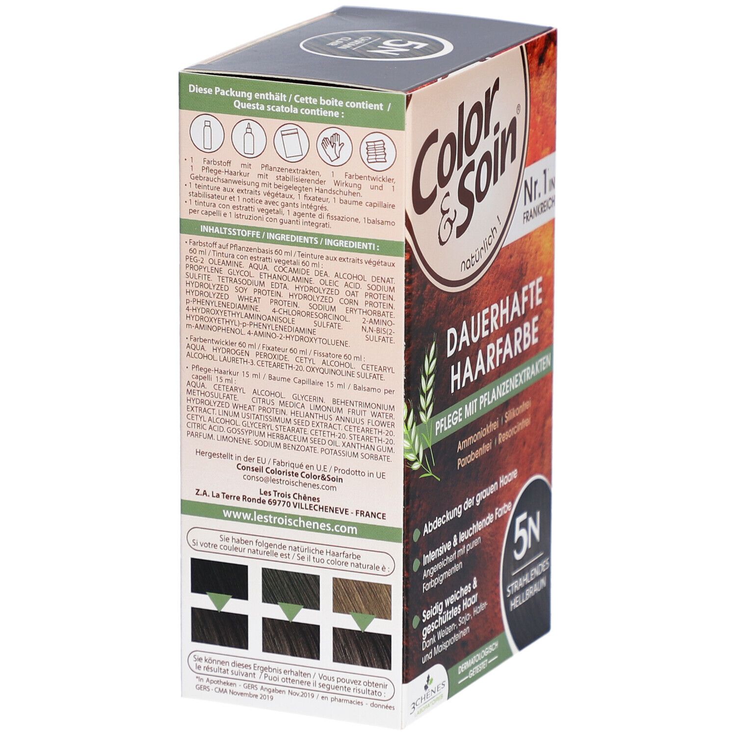 Haarfarben-Box. Color & Soin, dauerhafte Haarfarbe. 5N Strahlendes Hellbraun. Rückseite mit Inhaltsstoffen und Farbmustern.